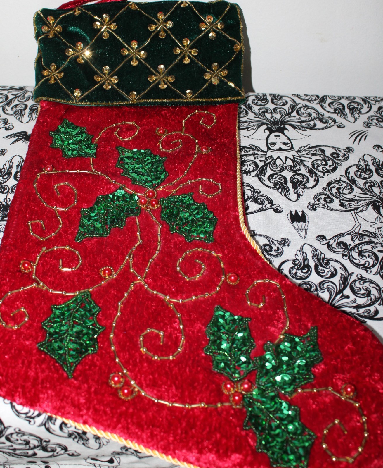 VTG Beaded Christmas Stockings With Holly Leaves Very Beautifull VTG Beaded Christmas Stockings With Holly Leaves Very Beautifull