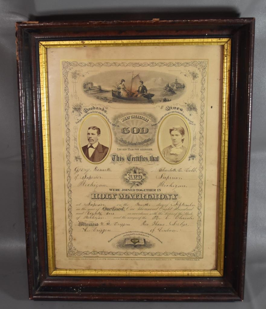 1881 Framed Marraige Certificate - Superior, Michigan Ghost Town - Bennette Cobb