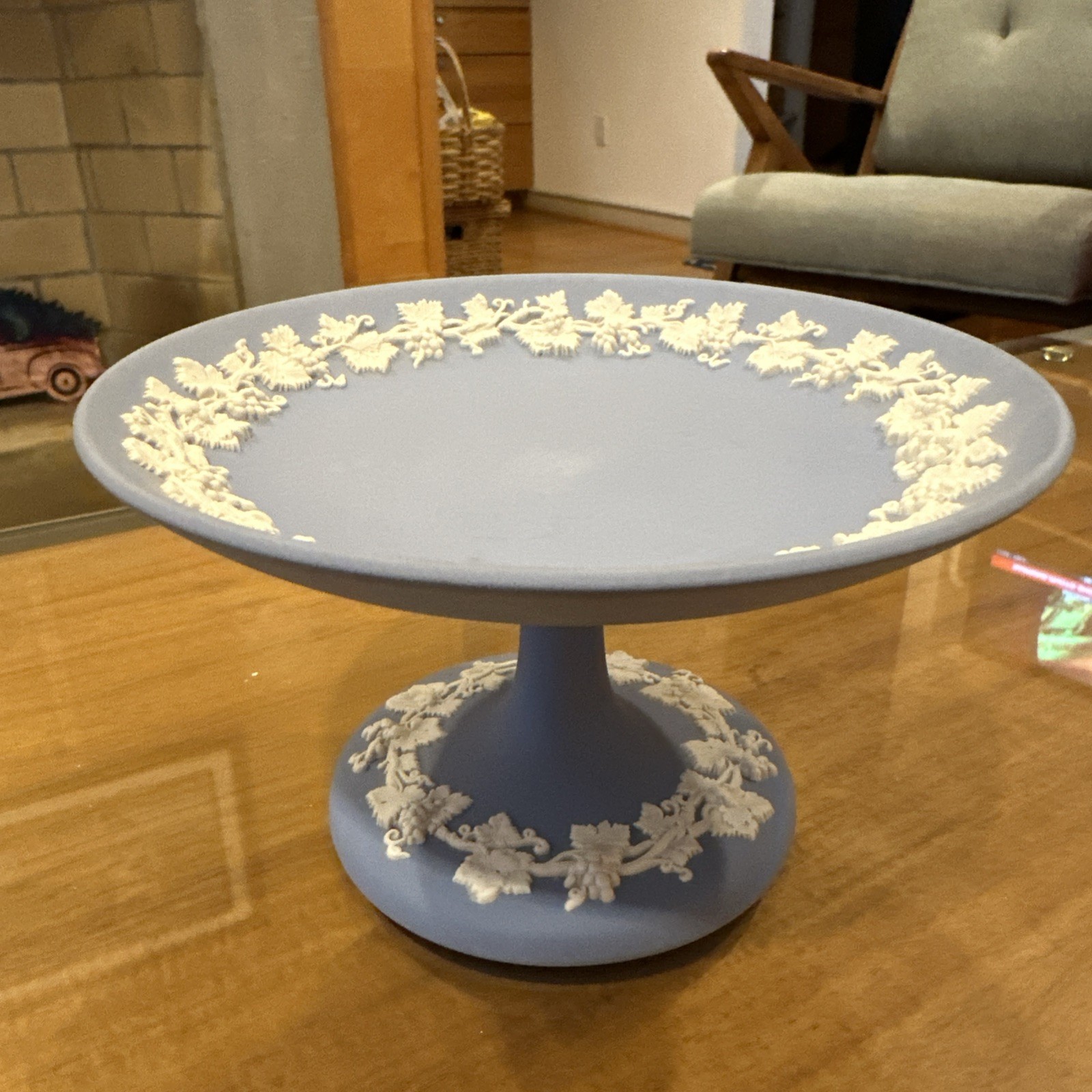 Wedgwood Blue Jasperware Pedestal Dish Made In England Grape Design 3 Wedgwood Blue Jasperware Pedestal Dish Made In England Grape Design 3