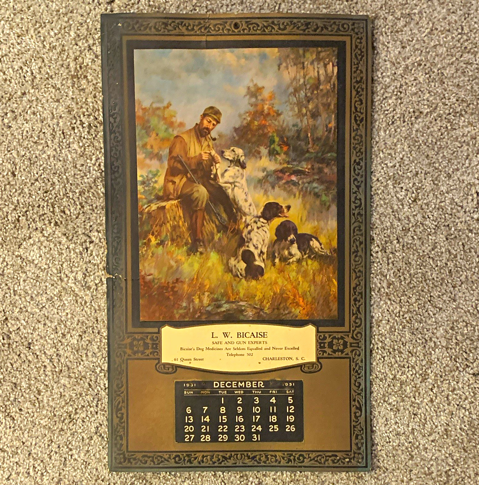 1931 Safe and Gun Experts Advertising Calendar, December, hunter and dogs Nice 1931 Safe and Gun Experts Advertising Calendar, December, hunter and dogs Nice