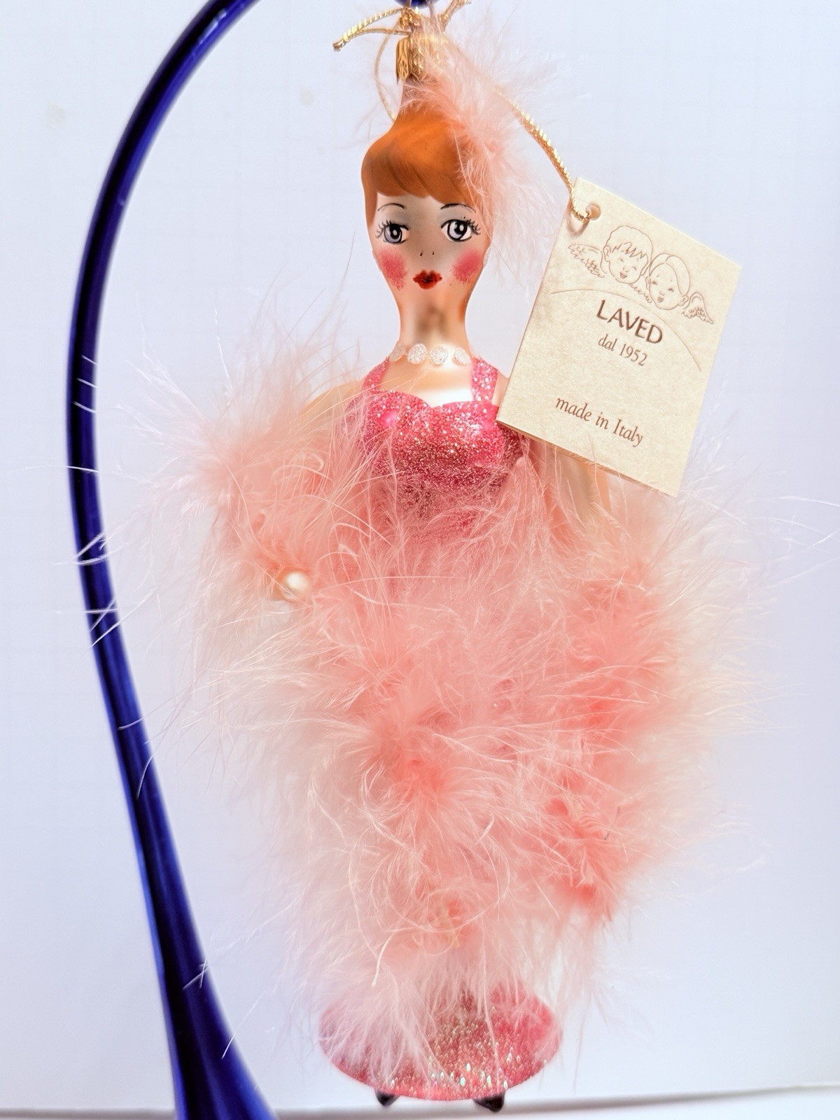 Laved Italian Glass Christmas Ornament Lady Pink Evening Dress Limited #204 Vtg