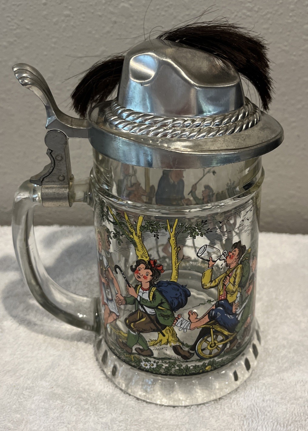 Vintage BMF N West Germany Glass Beer Stein Hat Lid w/plume & Bavarian Scene e5