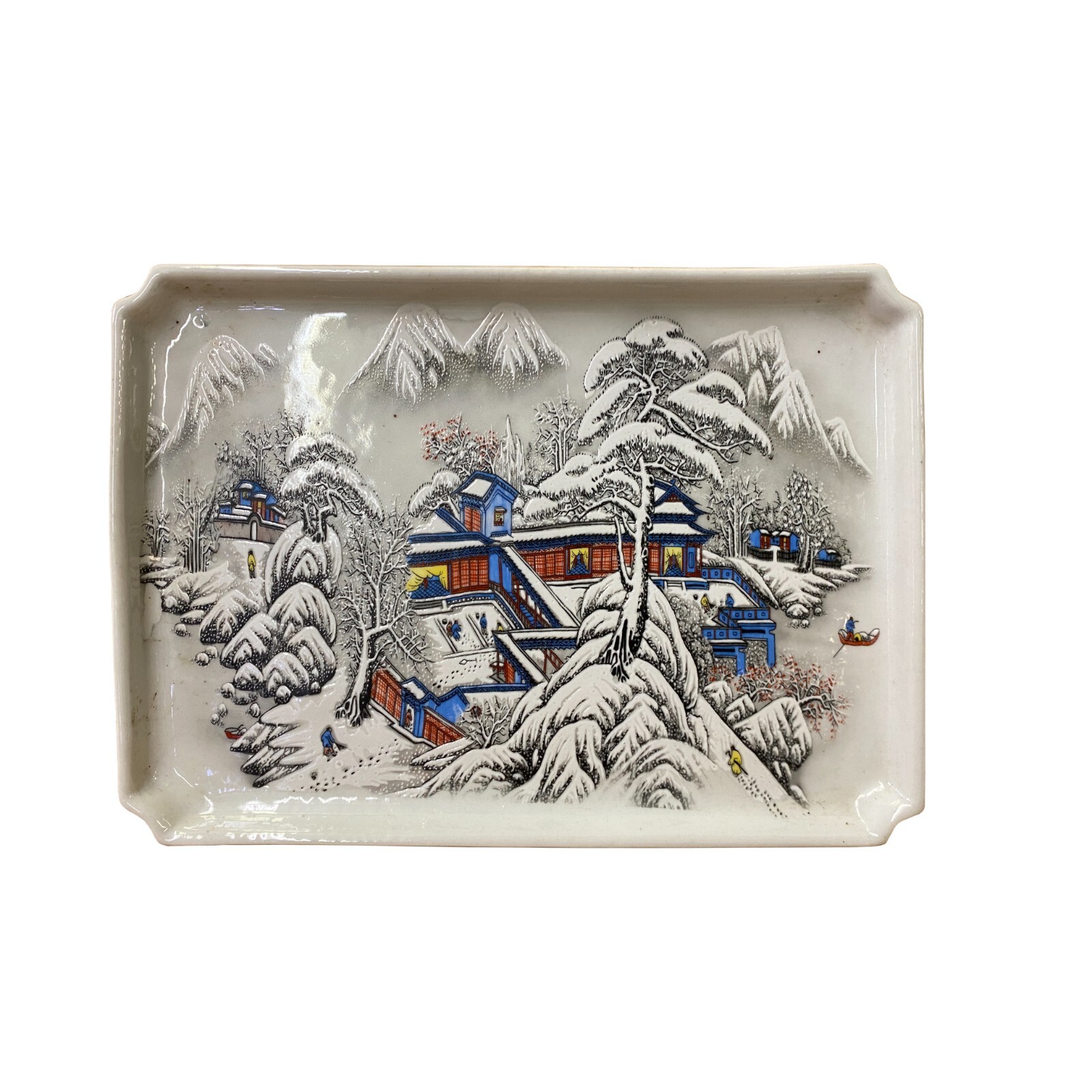 Distressed Off White Porcelain Snow Trees House Rectangular Display Plate ws3198