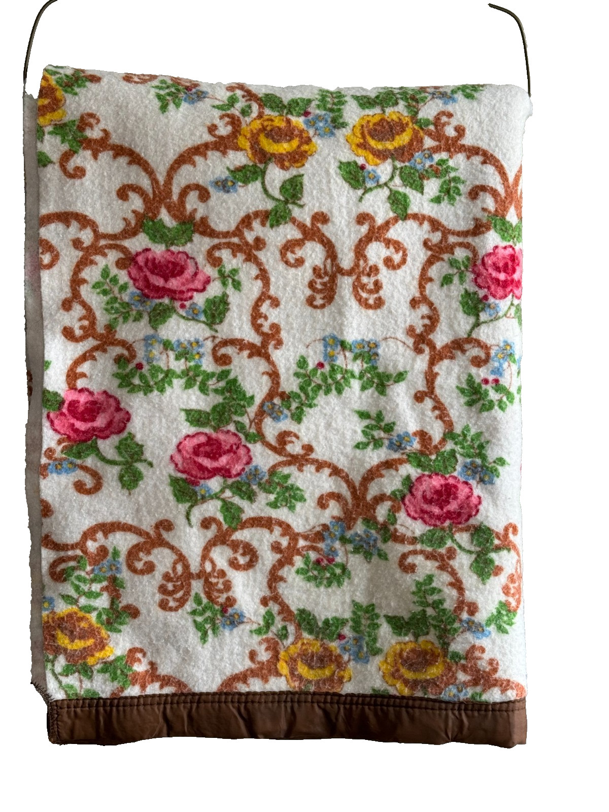 Ely Spunwell Twin BLANKET Yellow Pink Carriage Roses Brown Trim 68x86 Vtg 1970s