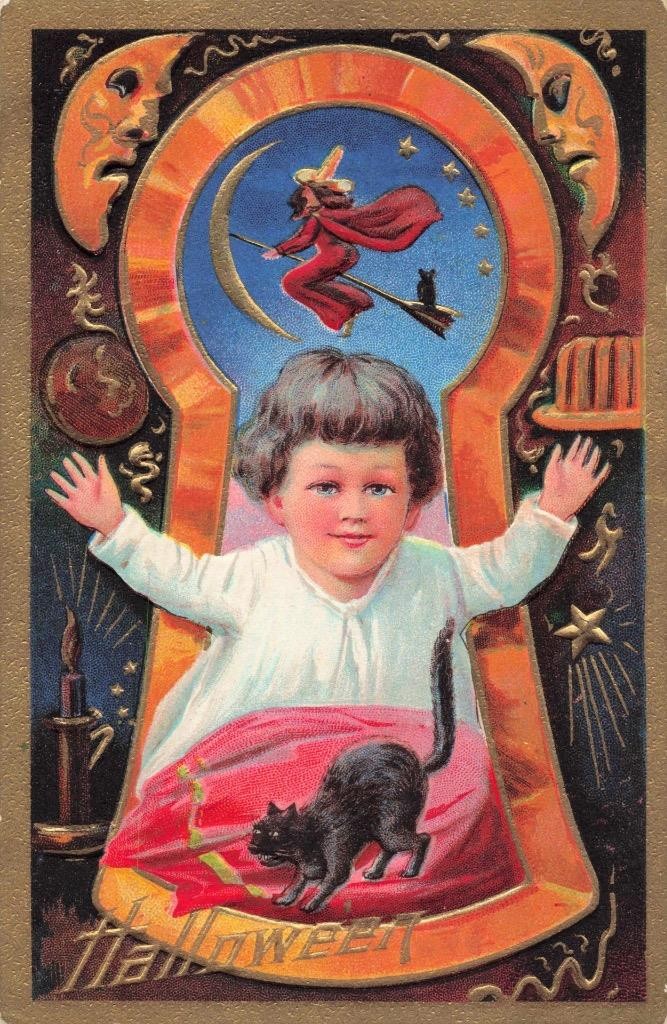 NASH c1909 EMBOSSED HALLOWEEN POSTCARD KEYHOLE #3 FLYING WITCH CHILD & BLACK CAT