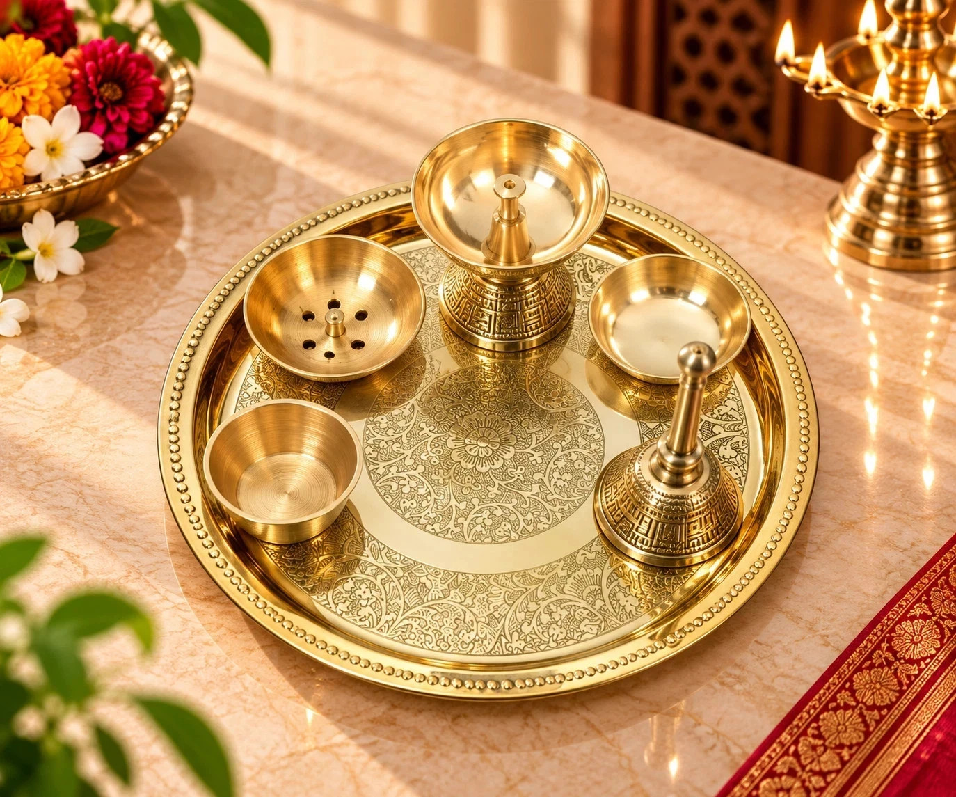 100% Pure Copper Puja Thali Set Hindu Pooja Plate Religious Worship Kit