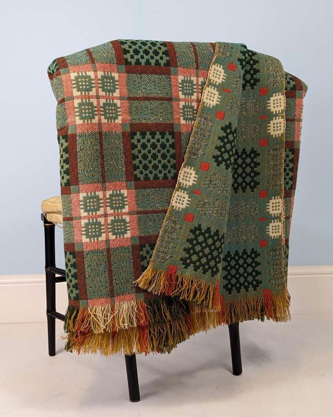 VINTAGE 1960S WELSH TAPESTRY BLANKET WOOL REVERSIBLE GREEN 260X170CM UNUSED MINT