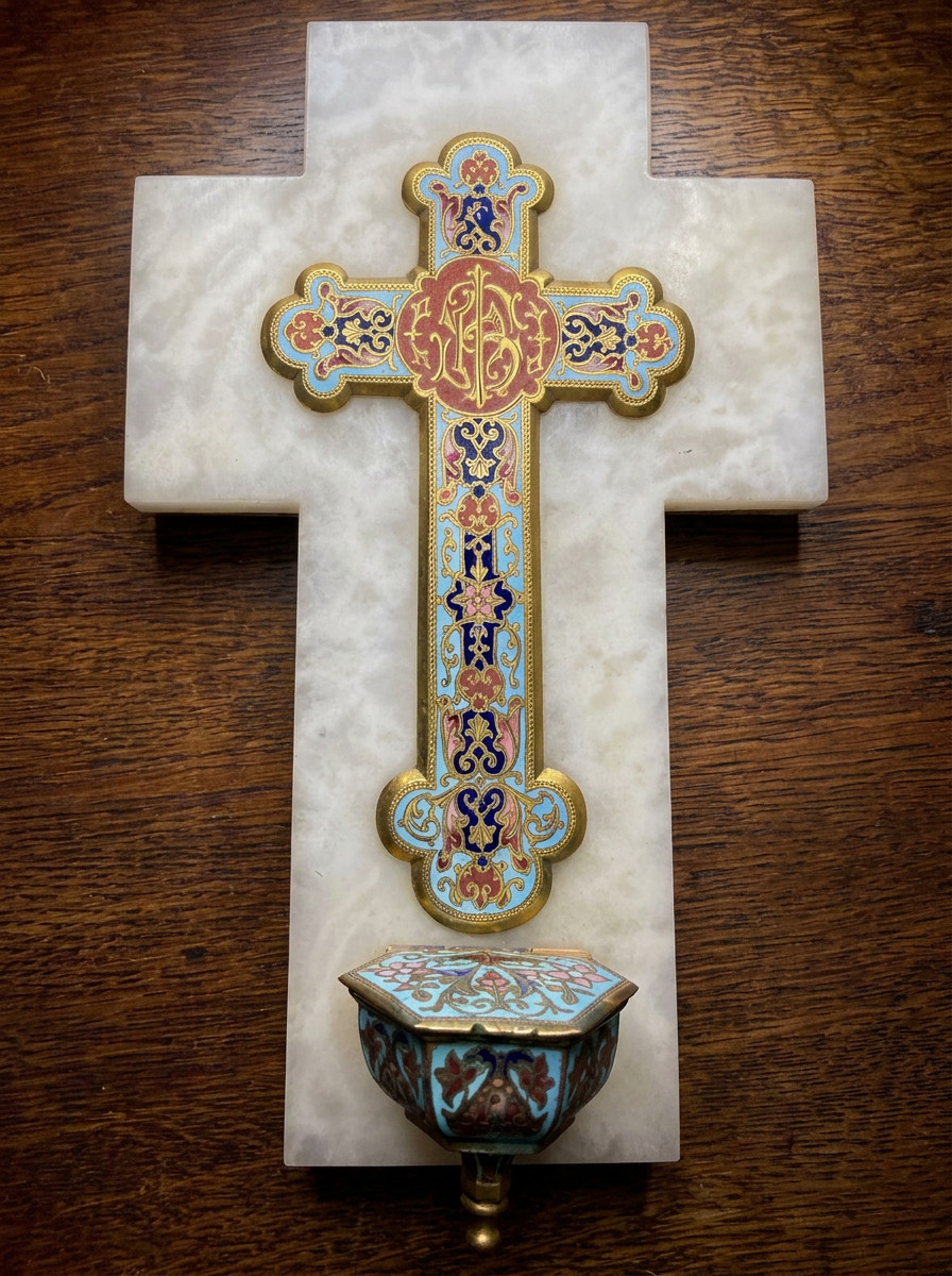 Antique French Napoleon III Champleve Enamel Alabaster Cross Holy Water Font IHS