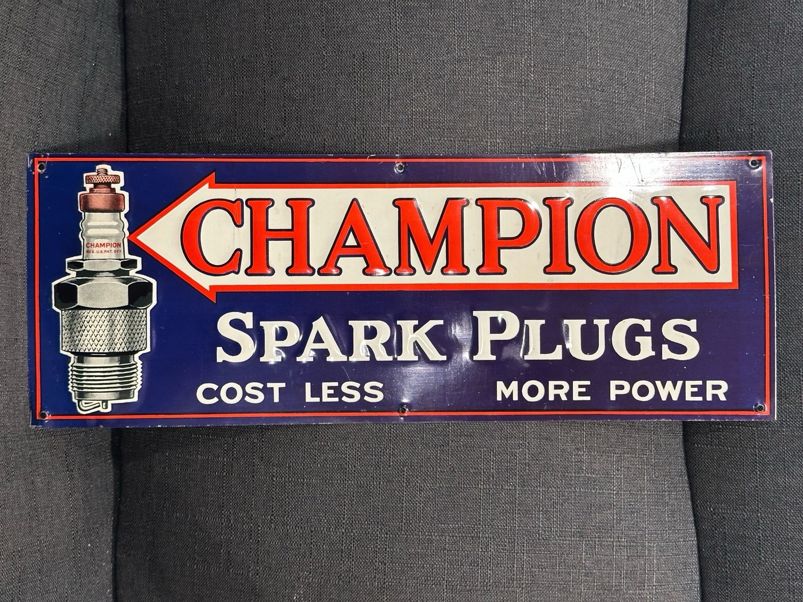 Vintage CHAMPION SPARK PLUG Tin Sign Original Rare Cost Less More Power 15x5.5” Vintage CHAMPION SPARK PLUG Tin Sign Original Rare Cost Less More Power 15x5.5”