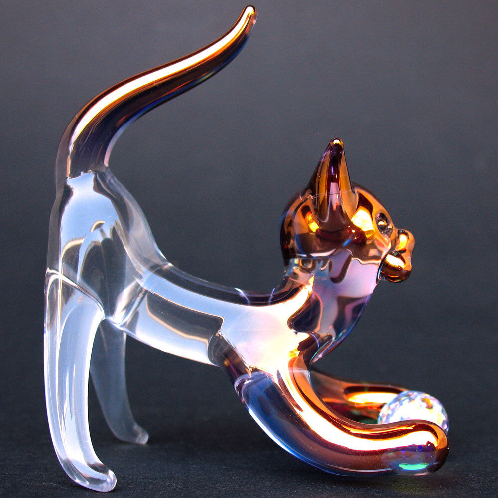 Cat Figurine Hand Blown Glass Kitten with Swarovski Crystal