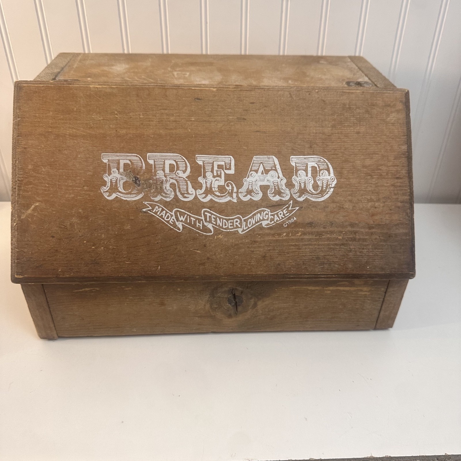 Vtg Wood Bread Box Hinged Drop Front Door Lettering Cottage Farmhouse Grannycore