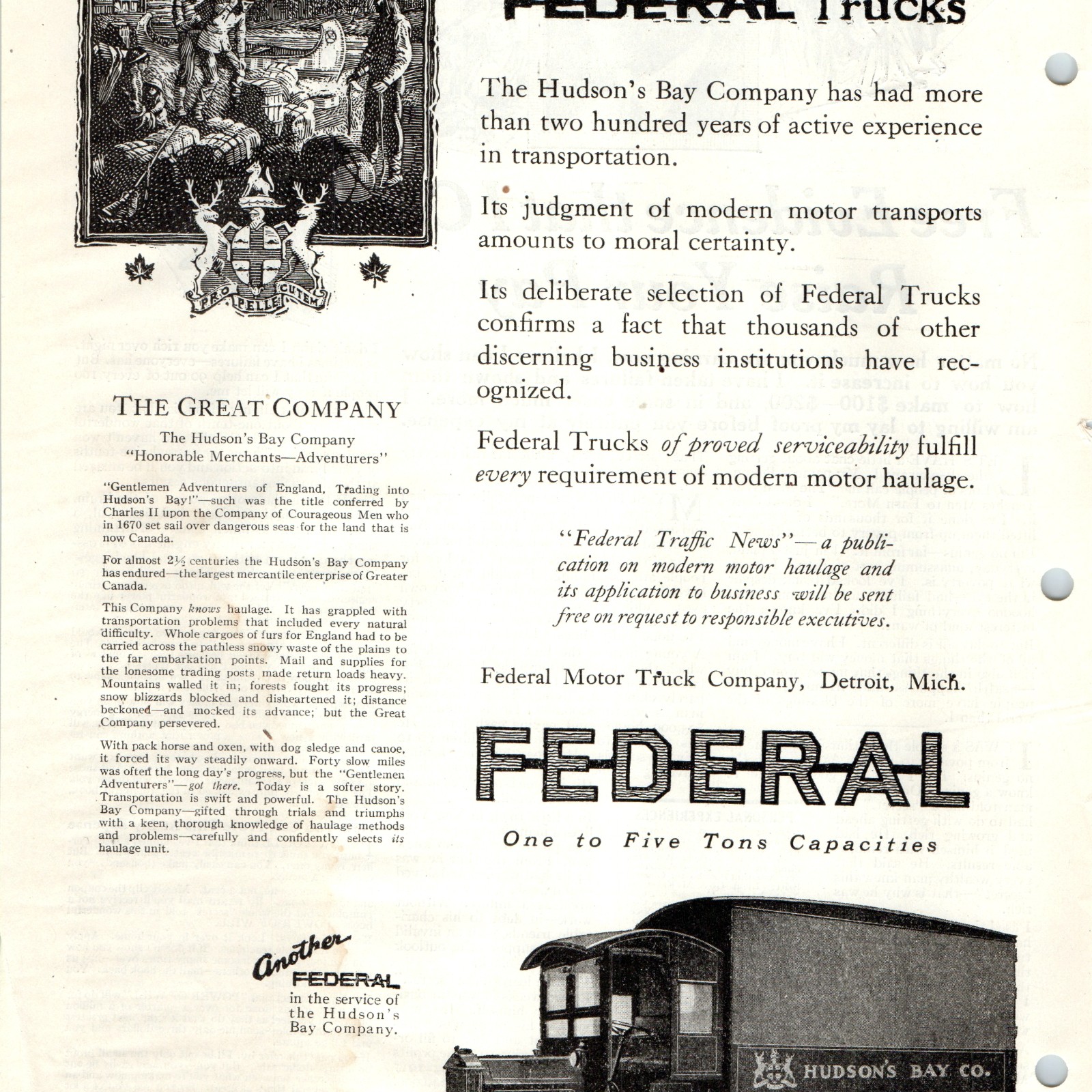 1919 Federal Motor Truck Co Hudson's Bay HBC Detroit MI Literary Digest Print Ad 1919 Federal Motor Truck Co Hudson's Bay HBC Detroit MI Literary Digest Print Ad