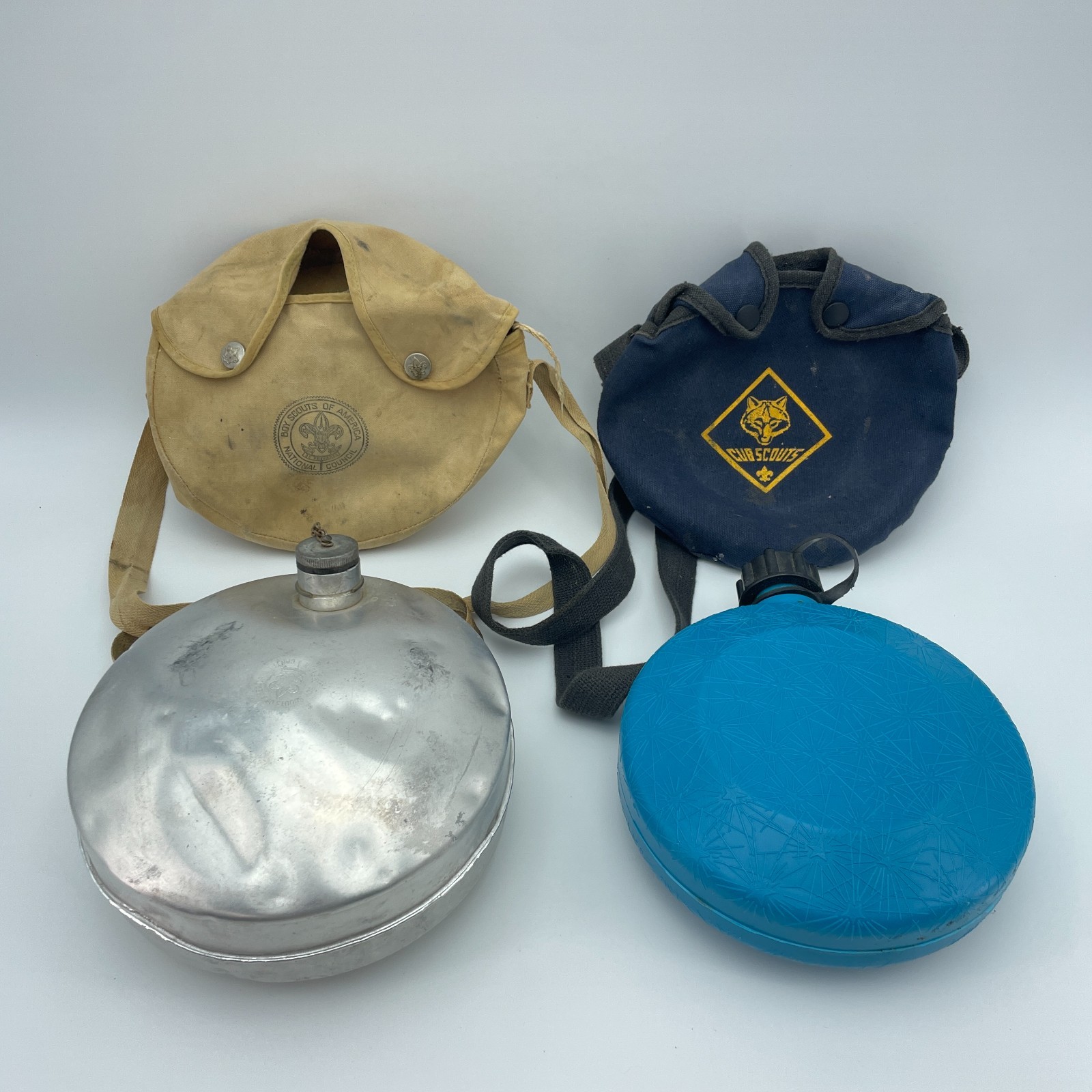 BOY SCOUTS OF AMERICA Canteen Lot BSA Cub Scouts Metal Plastic Vintage 8in