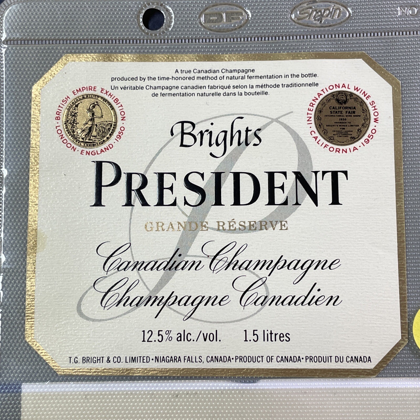 Brights Wine Label PRESIDENT Canadian Champagne NV Grande Réserve Canada Brights Wine Label PRESIDENT Canadian Champagne NV Grande Réserve Canada