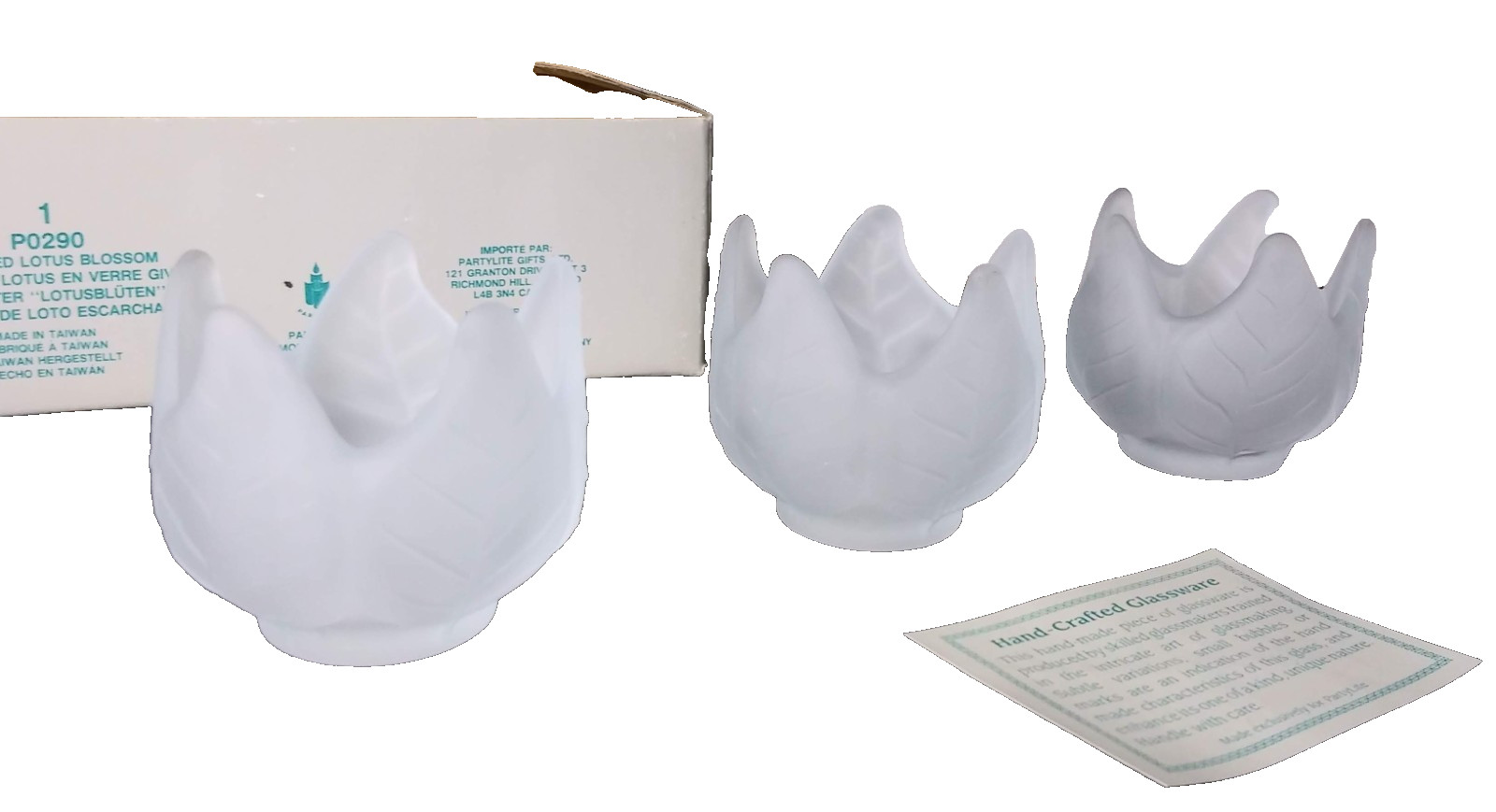 Partylite Frosted Lotus Blossom Tealight Holders Set of 3 Glass, Boxed, Retired Partylite Frosted Lotus Blossom Tealight Holders Set of 3 Glass, Boxed, Retired