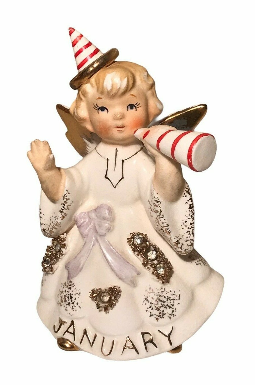 Vintage LEFTON January Angel Ceramic Porcelain Figurine New Year's Rhinestone 4