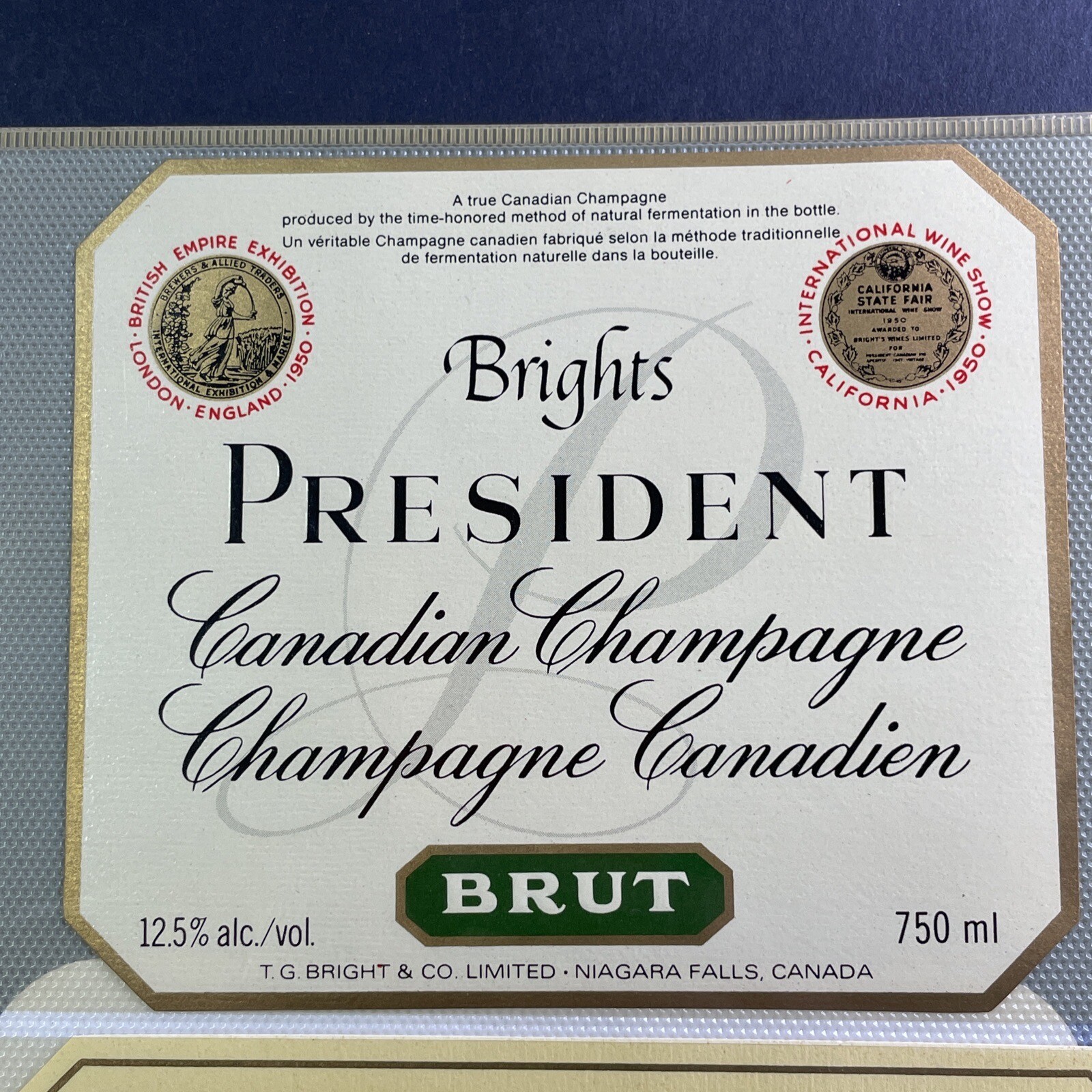 Brights Wine Label PRESIDENT Canadian Champagne Brut 750ml Canada Brights Wine Label PRESIDENT Canadian Champagne Brut 750ml Canada