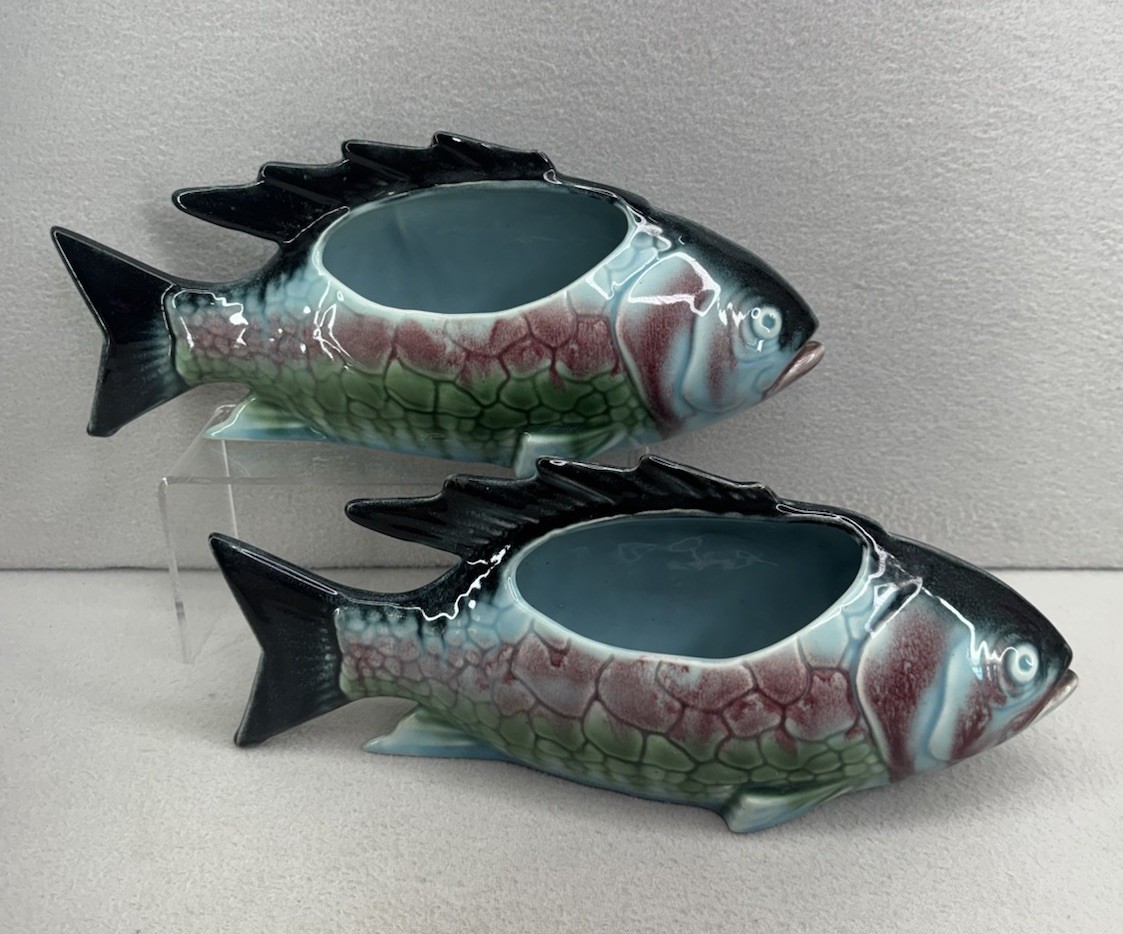 Vintage MCM Ceramic Fish Planter Pair Tropical Aquarium Decor Japan Style