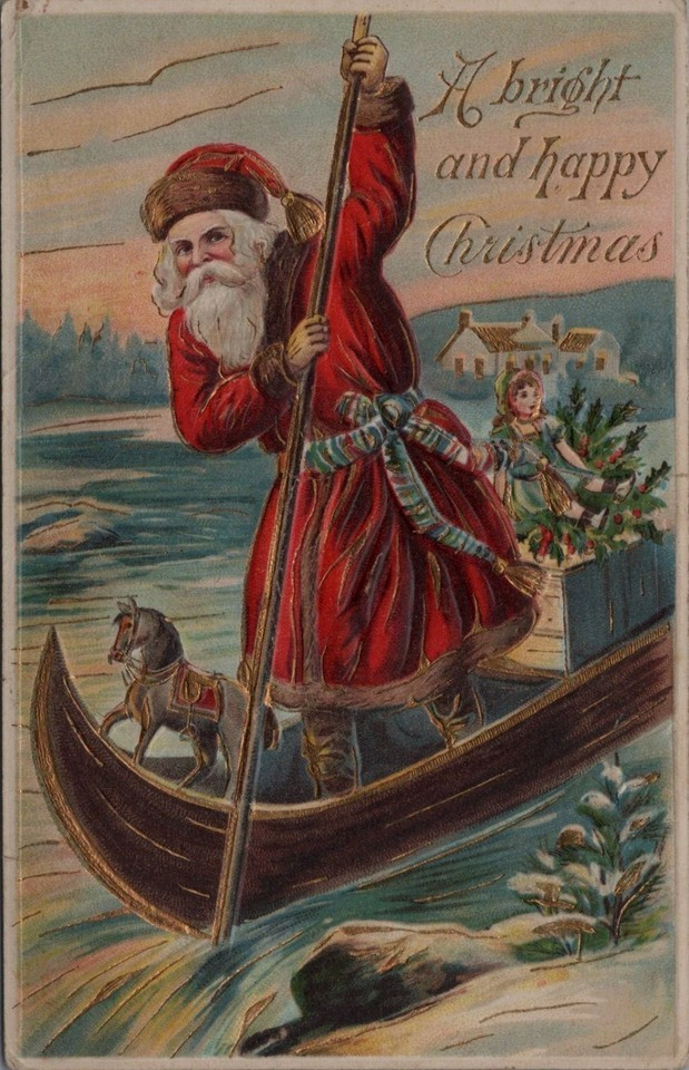 Rare~ Santa Claus in Canoe~Boat~with Toys~Antique~Emboss Christmas Postcard~s886 Rare~ Santa Claus in Canoe~Boat~with Toys~Antique~Emboss Christmas Postcard~s886