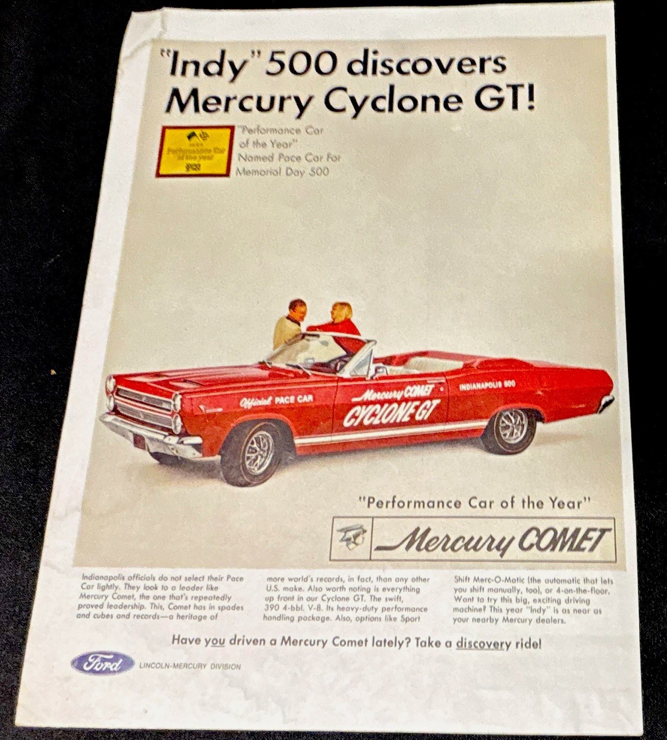 Vintage 1966 Mercury Cyclone GT Indy 500 Mercury GT Original Print Ad Red Nice 