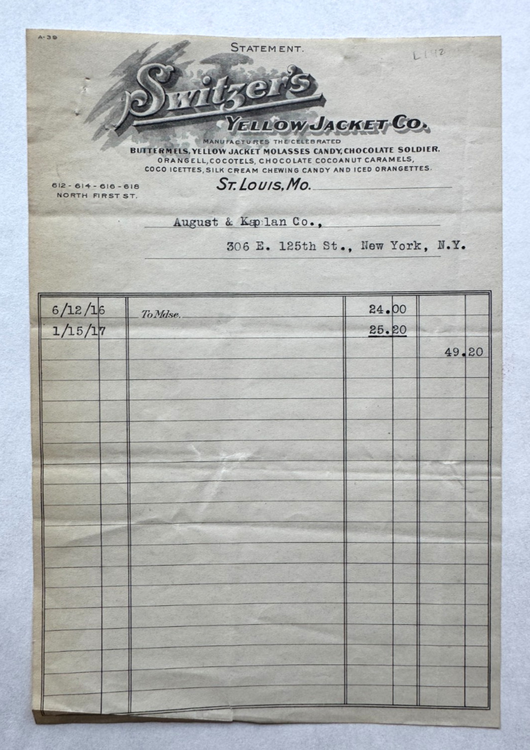 Vintage 1917 Billhead St Louis MO Switzer\'s Yellow Jacket Co Candy N 1st Street