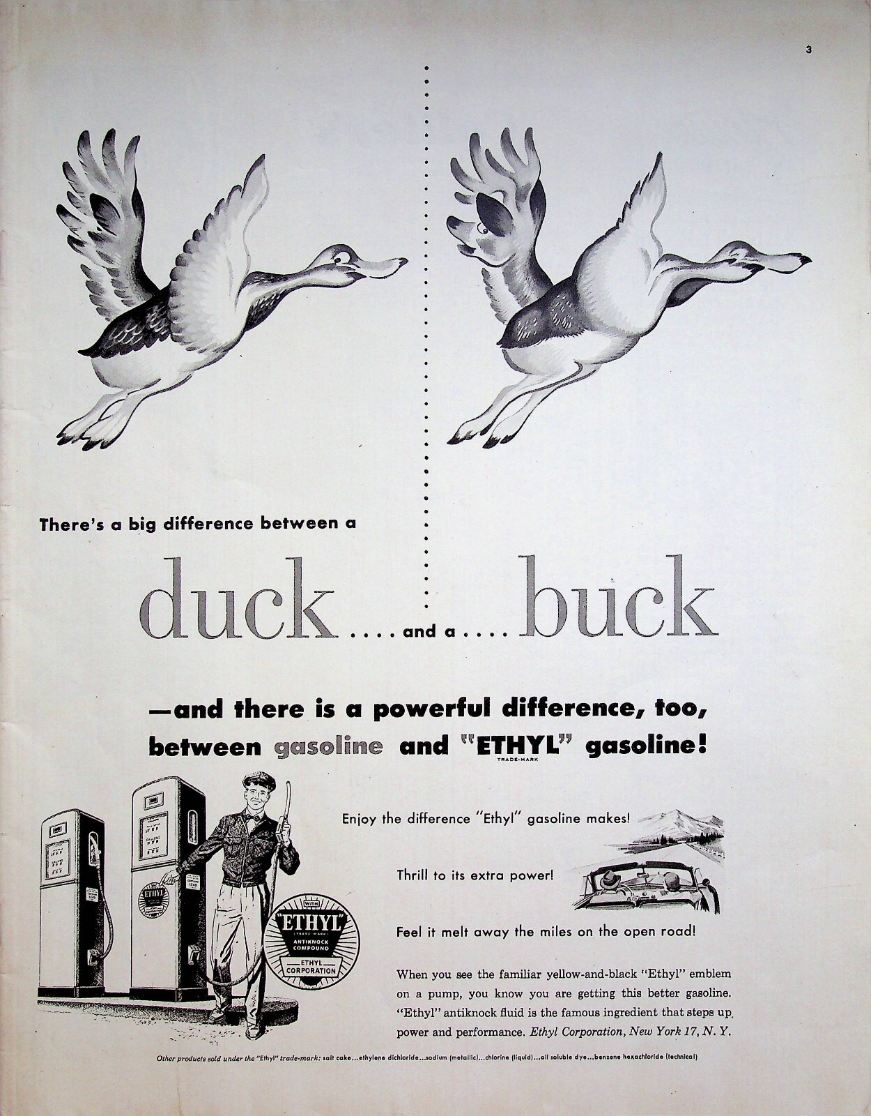 1951 Ethyl Gasoline Corporation Vintage 1950s Print Ad Difference Duck & Buck