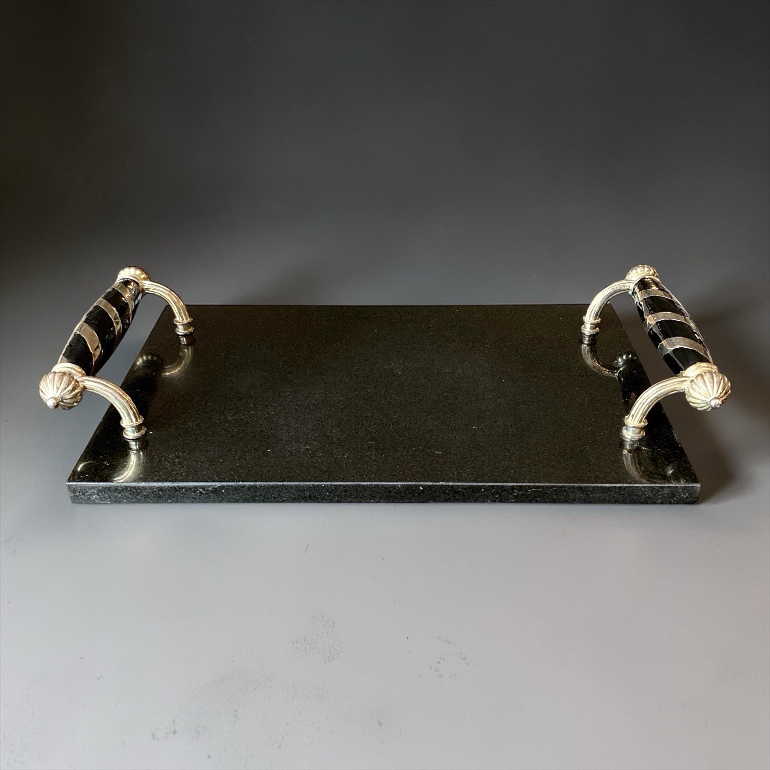 Godinger Art Deco Black Granite Tray Silver Bar Cart Accessory w/ Handles Cheese