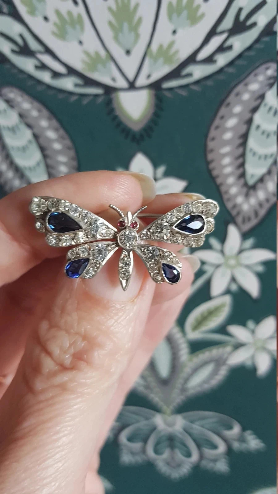 Victorian Butterfly Brooch Pin Sapphire Paste & Diamond 14k White Gold Plated