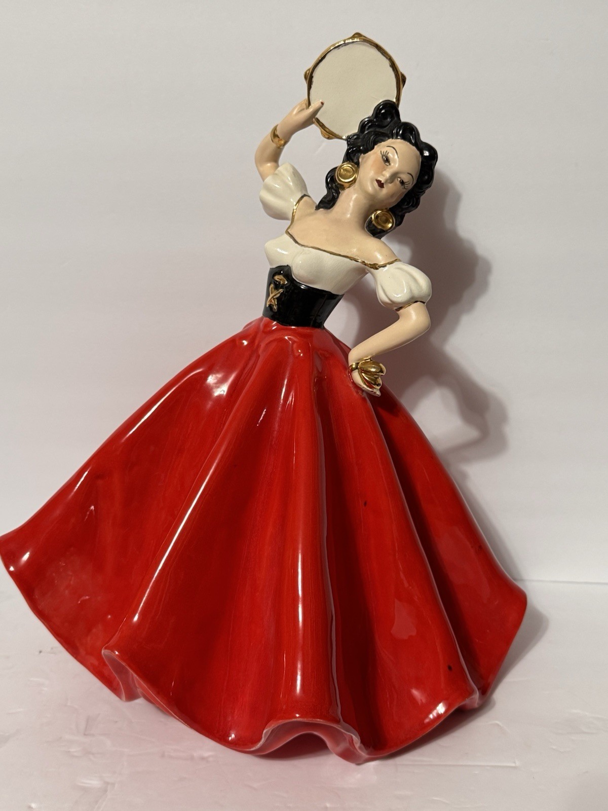 1960s Red Gold Hand painted Porcelain Spanish Flamenco Dancer - Large
