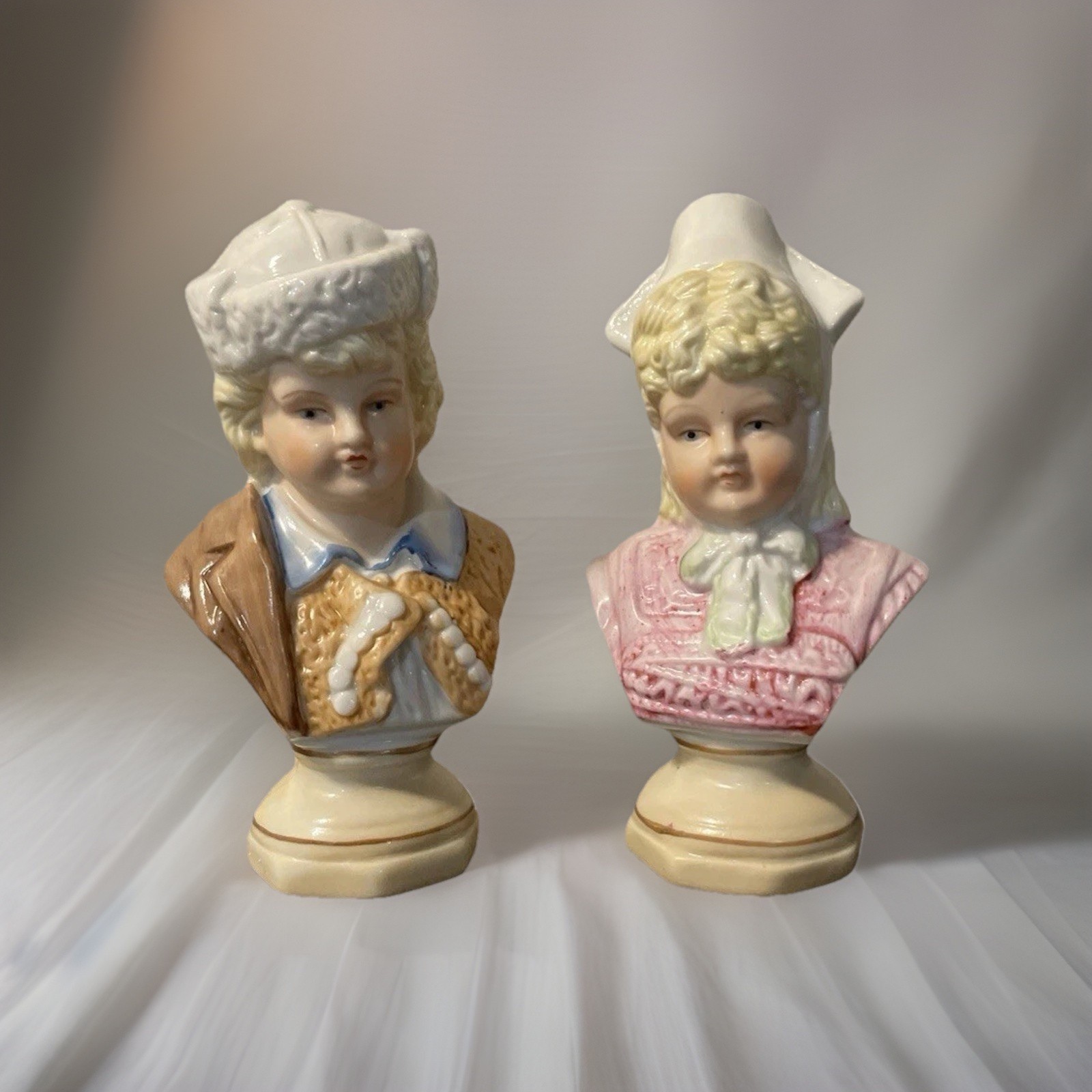 Thuringia Germany Porcelain Young Boy & Girl Miniature Bust Figurines Antique 6” Thuringia Germany Porcelain Young Boy & Girl Miniature Bust Figurines Antique 6”