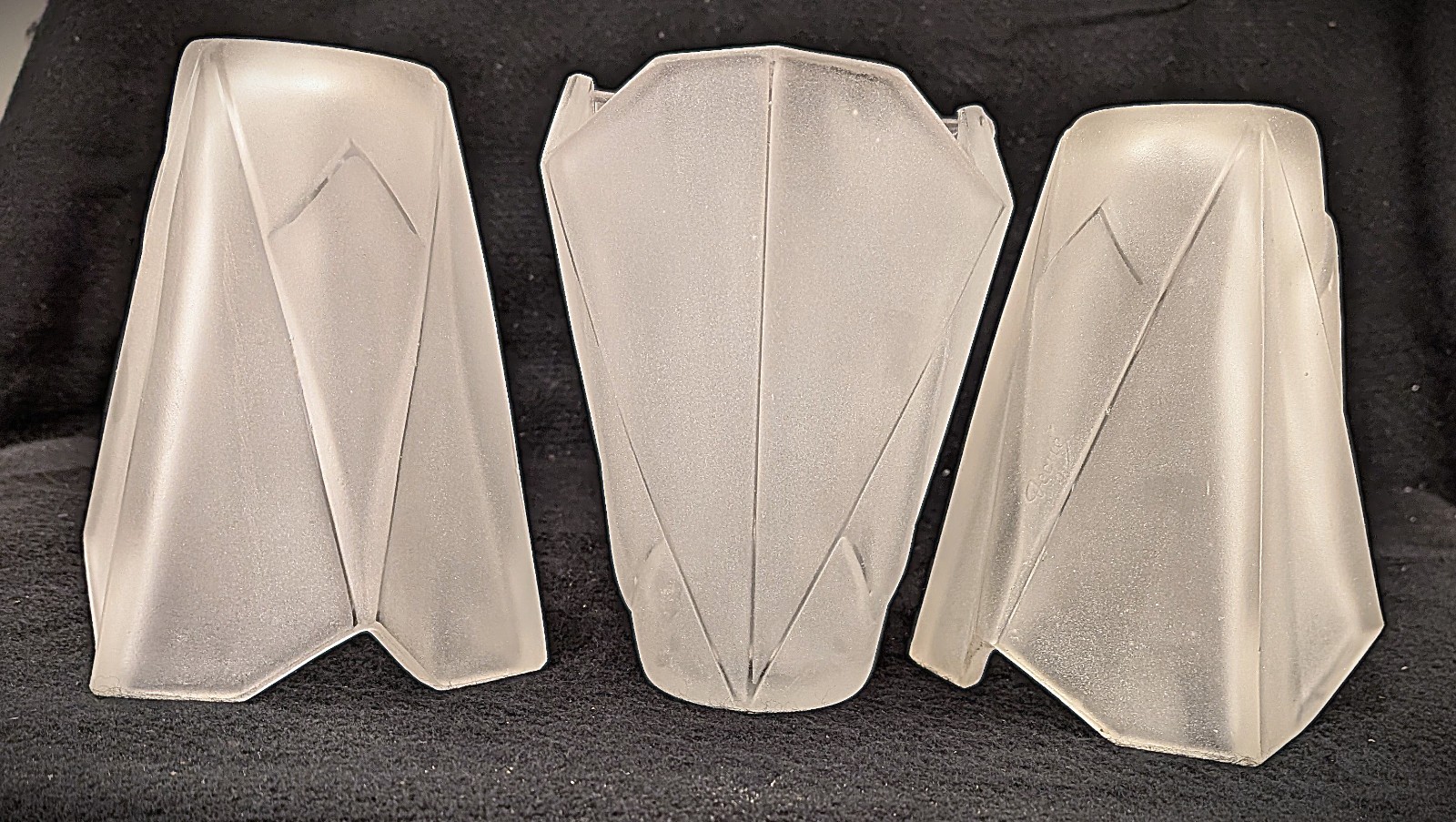 Set of 3 Art Deco France Frosted Glass Replacement Shades Signed Degue