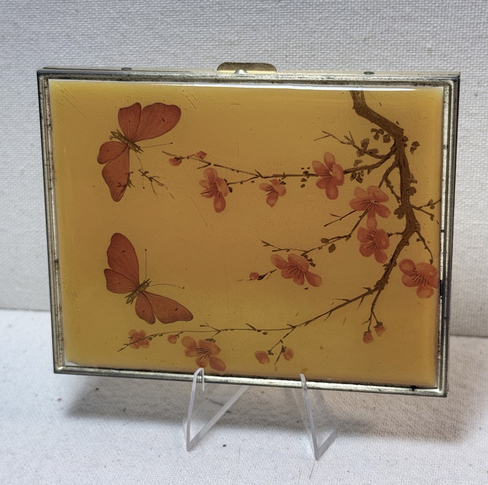 Vintage Gold Tone Cigarette Case Yellow Butterfly & Floral Design Vintage Gold Tone Cigarette Case Yellow Butterfly & Floral Design