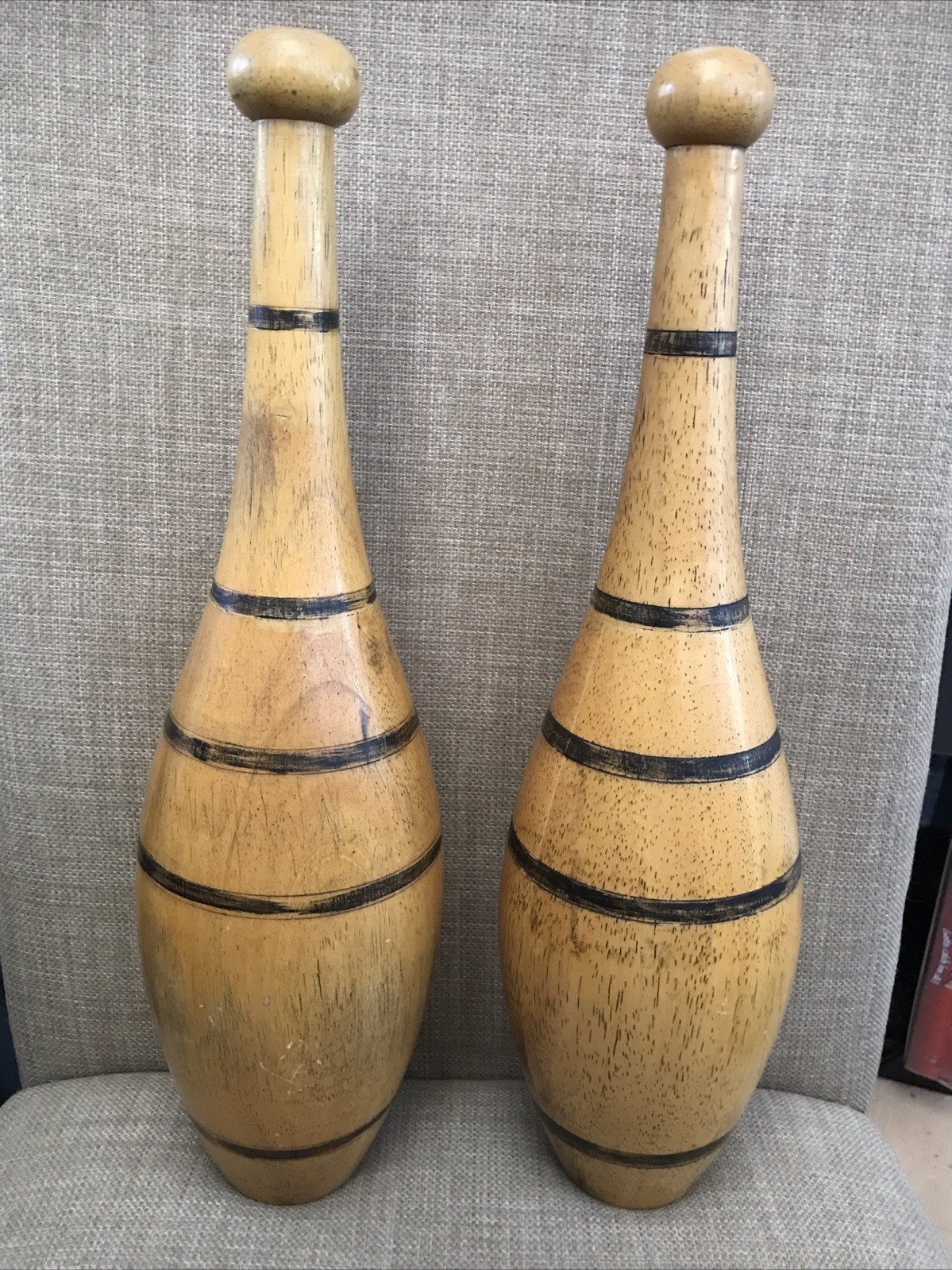 Pair of Antique X- Large Juggling Pin/ Club Light Wood/Black Stripes 16\