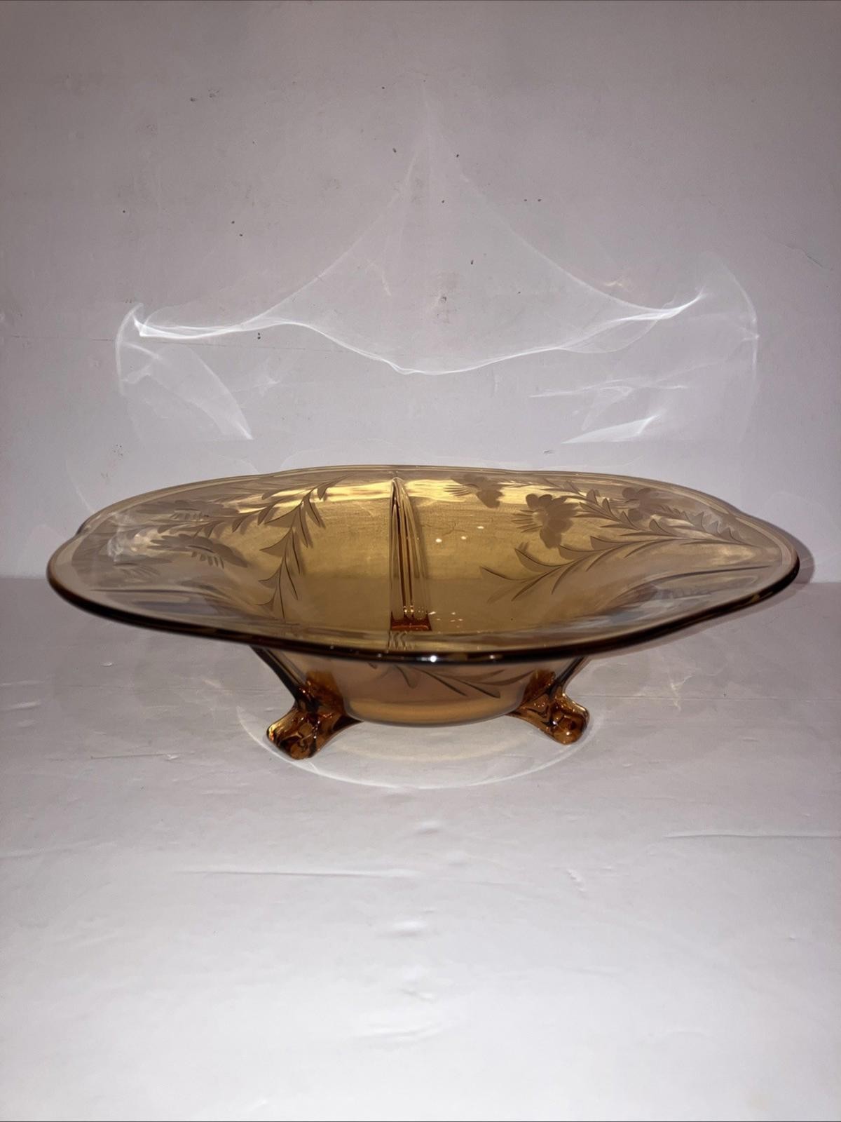 Vintage 1930'S FOSTORIA Amber 12” Serving Bowl Depression GLASS W/Etched Flower Vintage 1930'S FOSTORIA Amber 12” Serving Bowl Depression GLASS W/Etched Flower