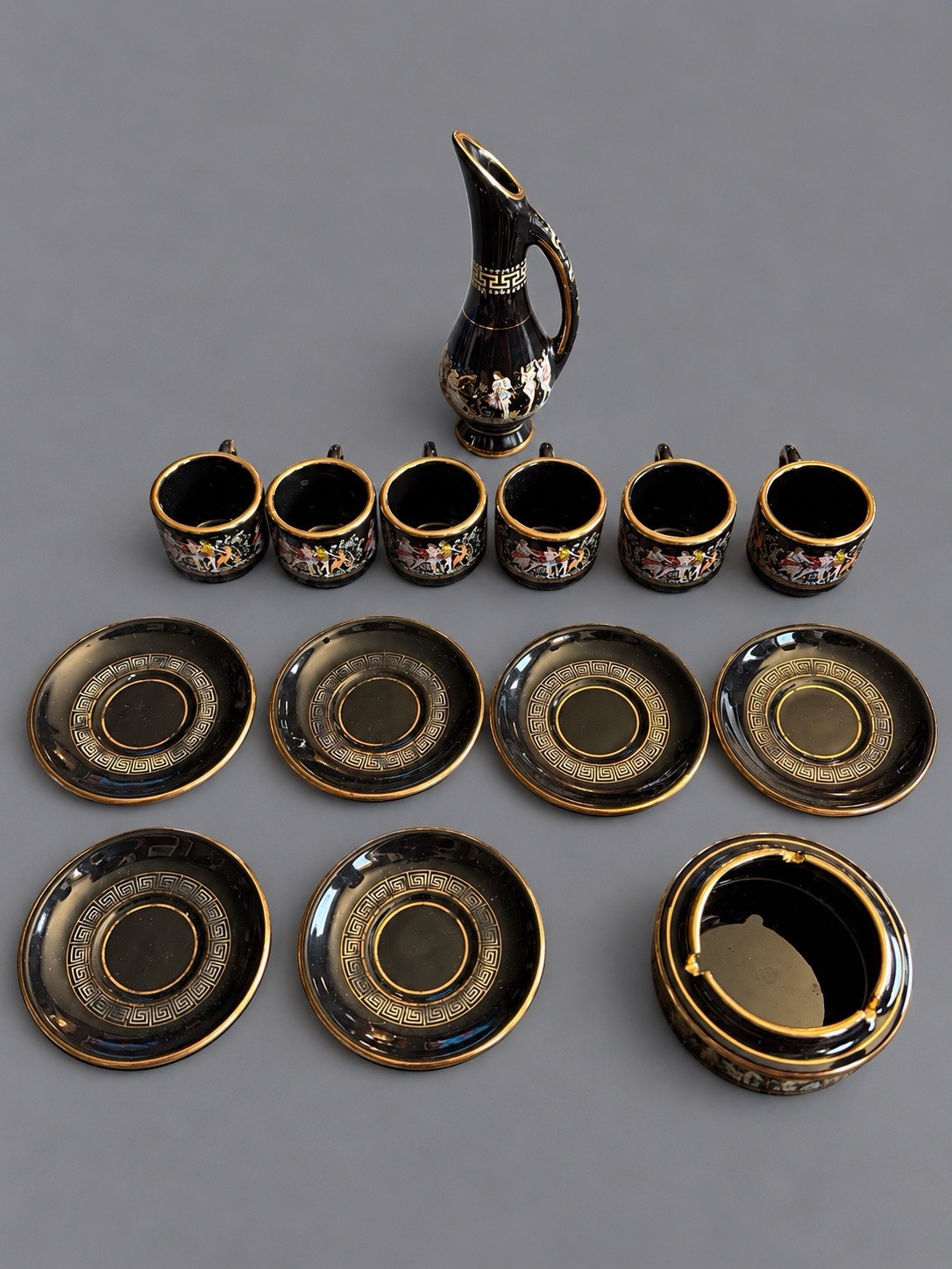 Vintage Fintias Greece 24K Gold Coffee Set 14pc Cups Saucers Ewer Ashtray Vintage Fintias Greece 24K Gold Coffee Set 14pc Cups Saucers Ewer Ashtray