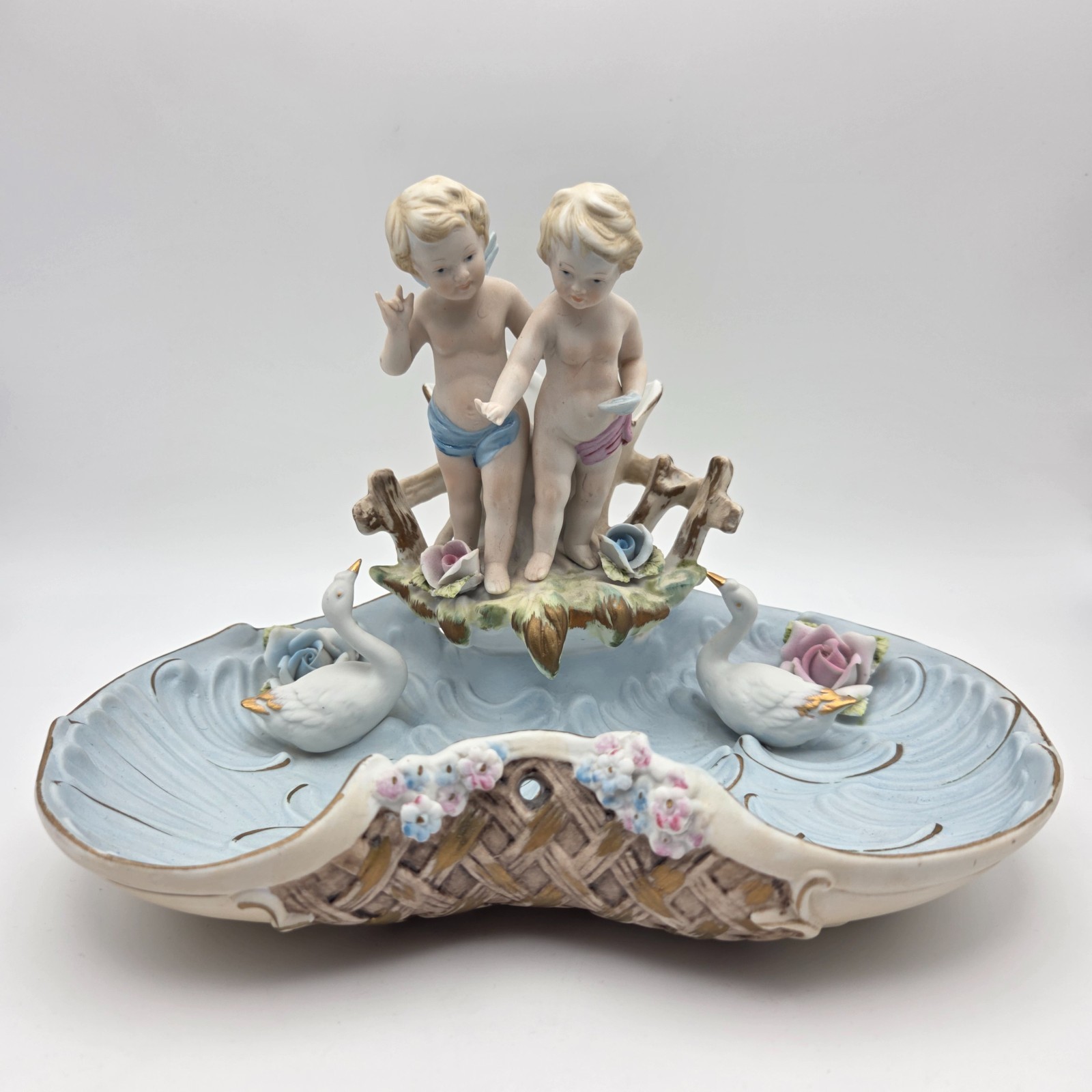 Vintage Baroque Porcelain Putti Centerpiece Planter With Cherubs Swans & Flowers Vintage Baroque Porcelain Putti Centerpiece Planter With Cherubs Swans & Flowers