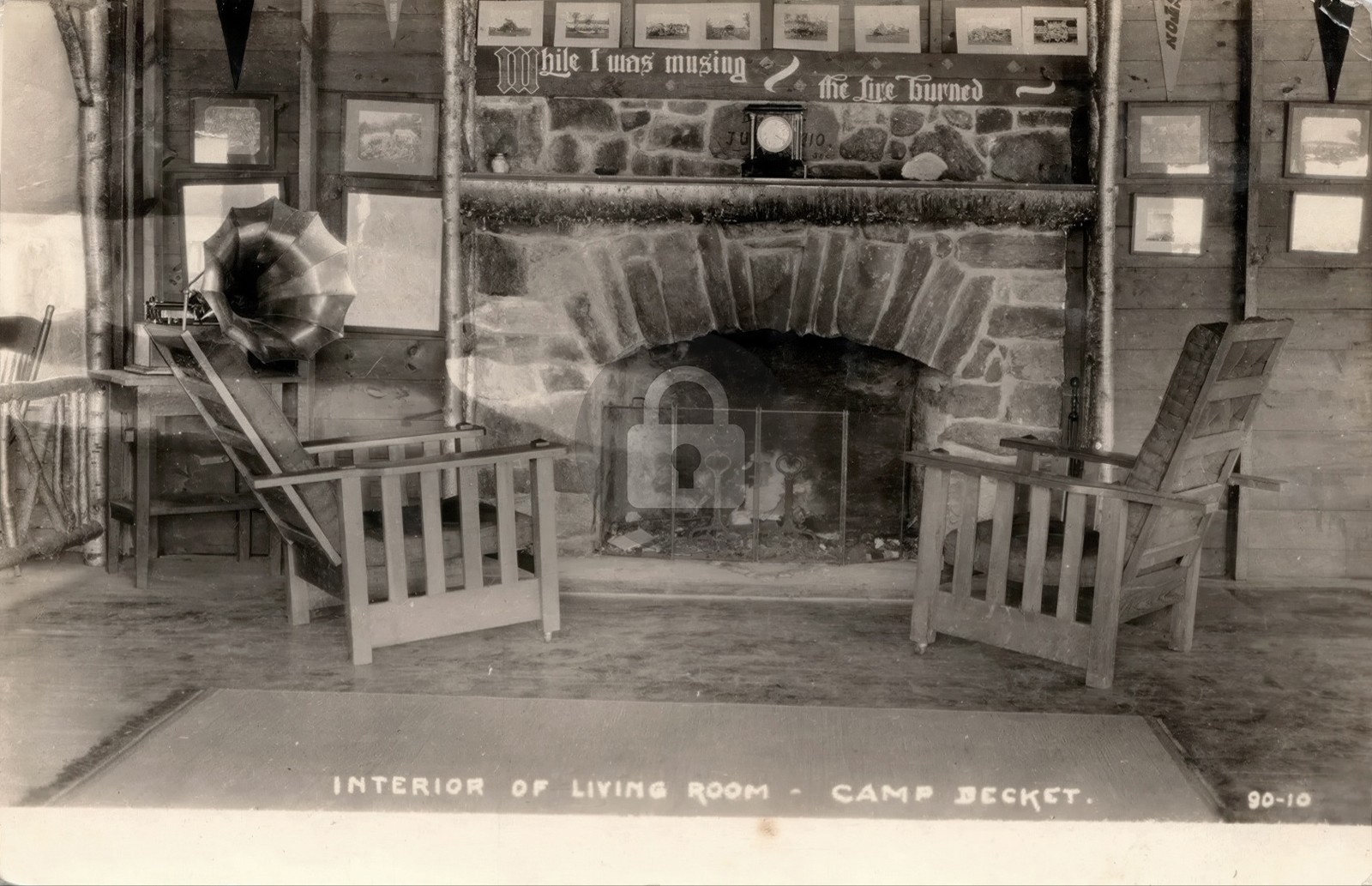 Interior Living Room Camp Becket MA Massachusetts Fireplace Victrola RPPC COPY