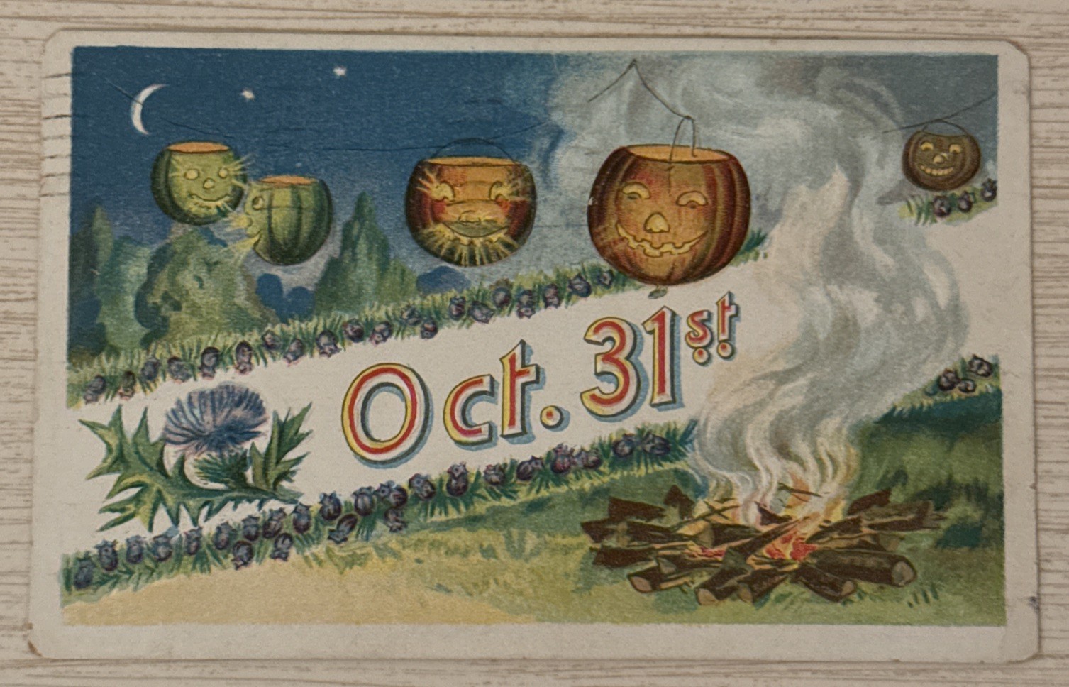 Antique/ Vintage Postcard - Halloween Oct. 31st - Five JOLs Campfire Thistle