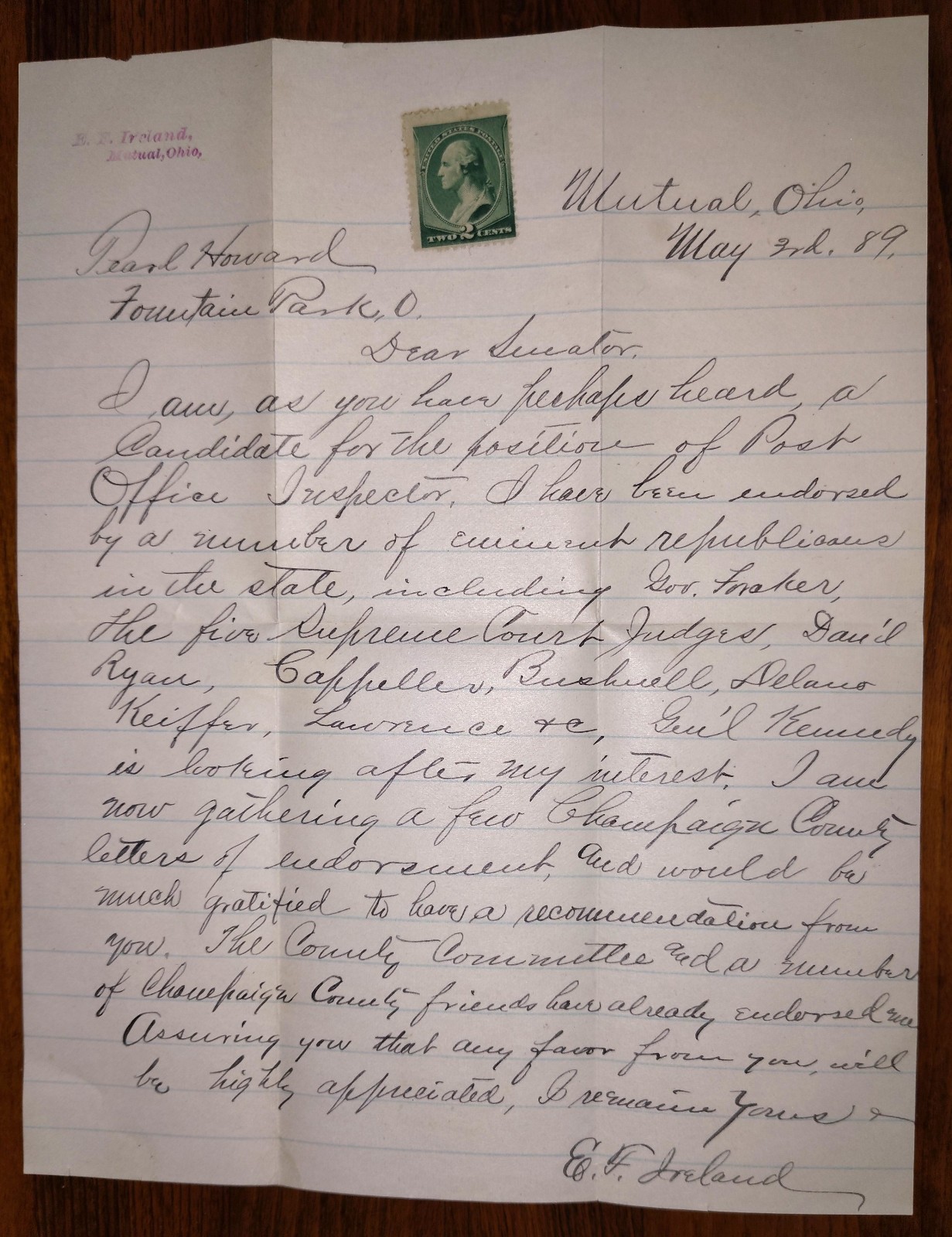 Historical Ohio Political 1889 Letter,  Collectible Ephemera, Post Office Inspec