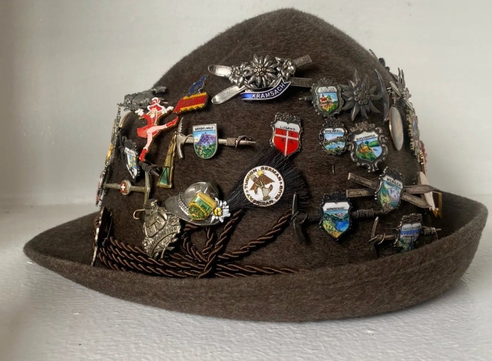 Title:Vintage Alpine Tyrolean Trachten Felt Hat Loaded Souvenir Pins...
