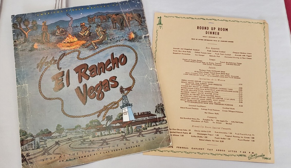 Vintage 1951 Hotel El Rancho Vegas Dinner Menu & Insert Las Vegas Nevada