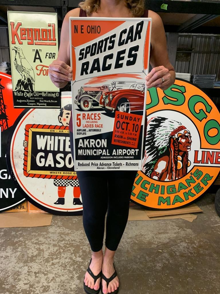 Antique Vintage Old Style Sign Sports Car Races Akron Ohio Made in USA