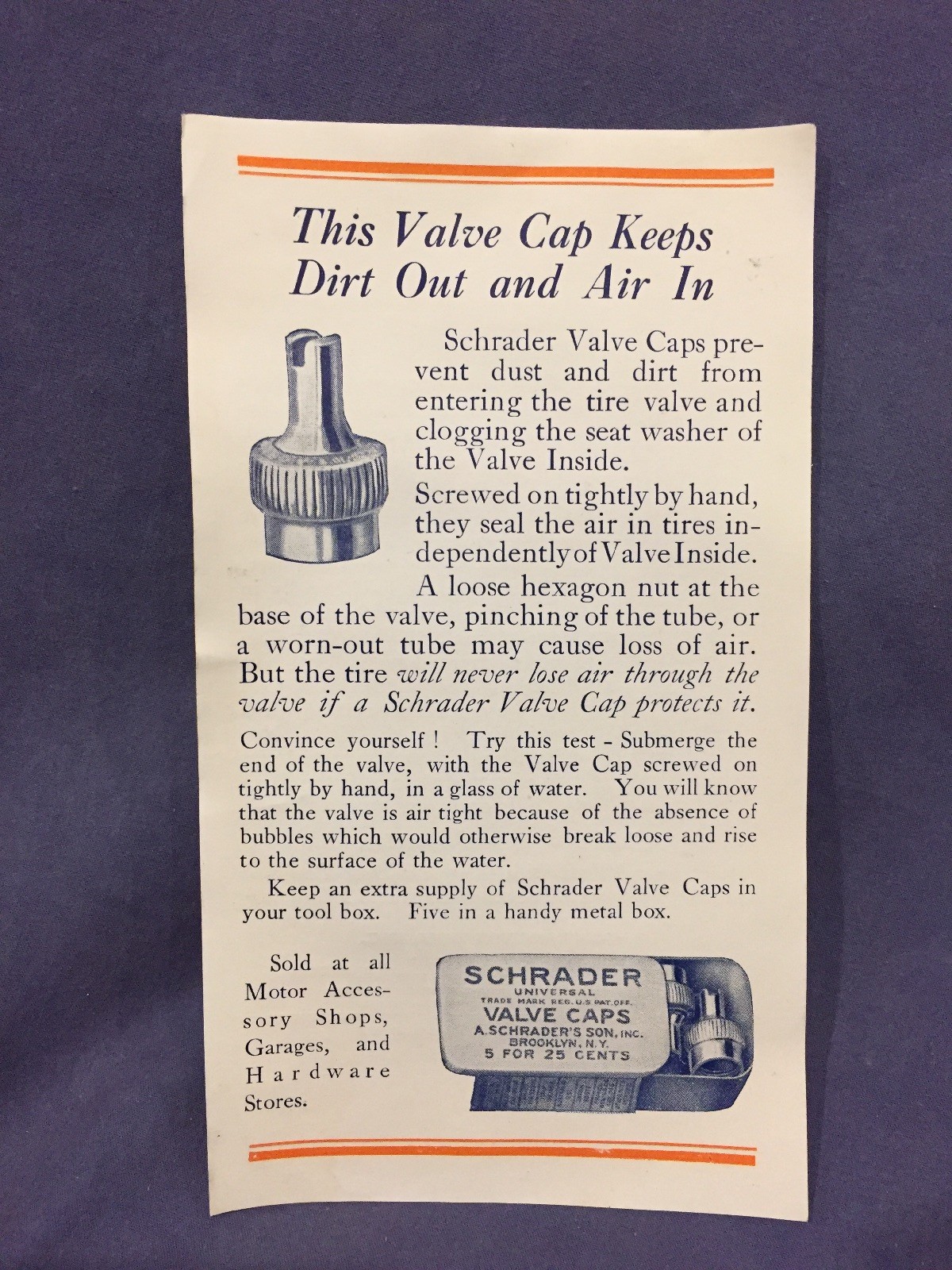 A. Schrader's Sons valve cap advertising flyer