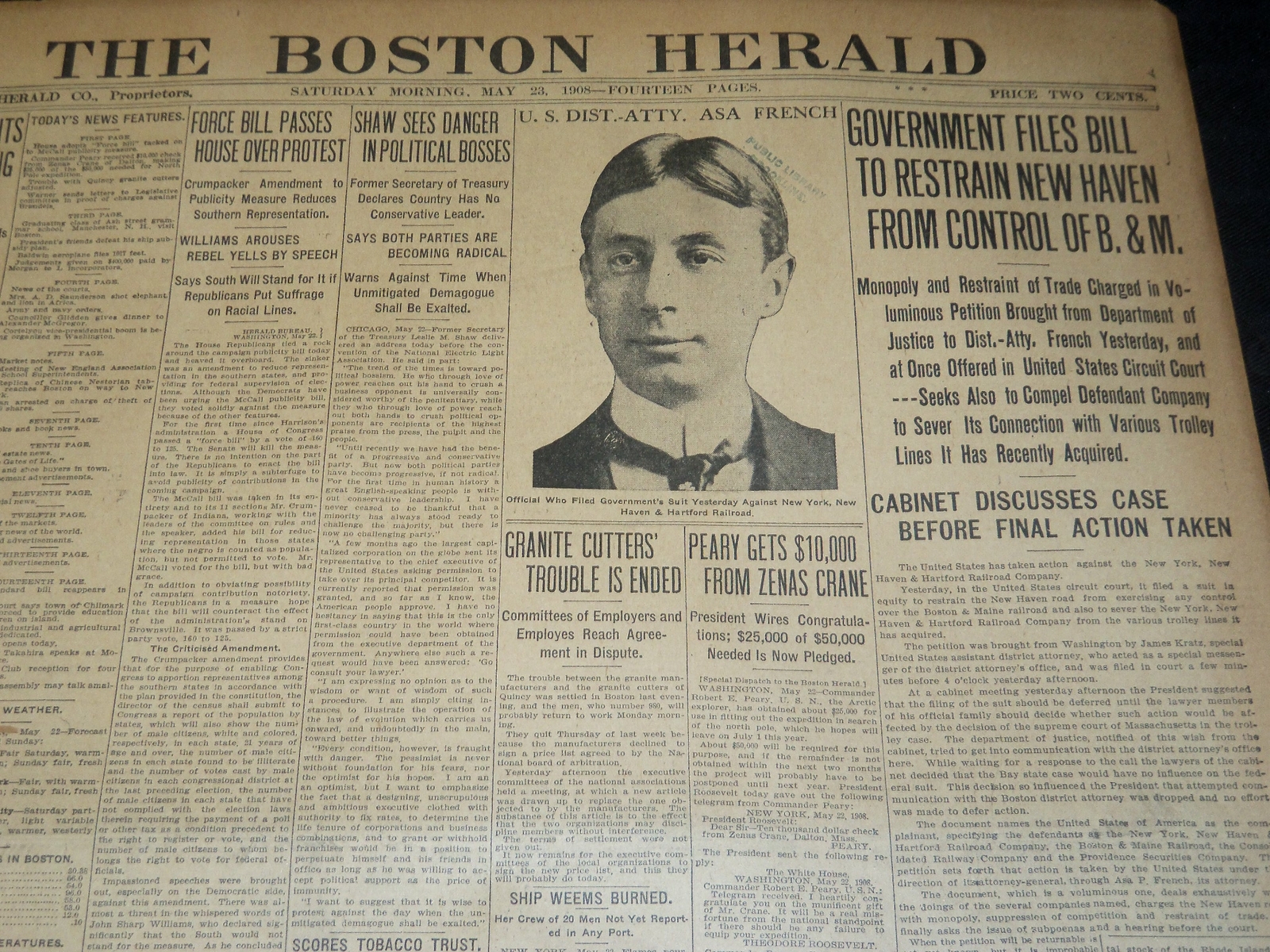 1908 MAY 23 THE BOSTON HERALD - BILL TO RESTRAIN NEW HAVEN FROM B & M - BH 73 1908 MAY 23 THE BOSTON HERALD - BILL TO RESTRAIN NEW HAVEN FROM B & M - BH 73