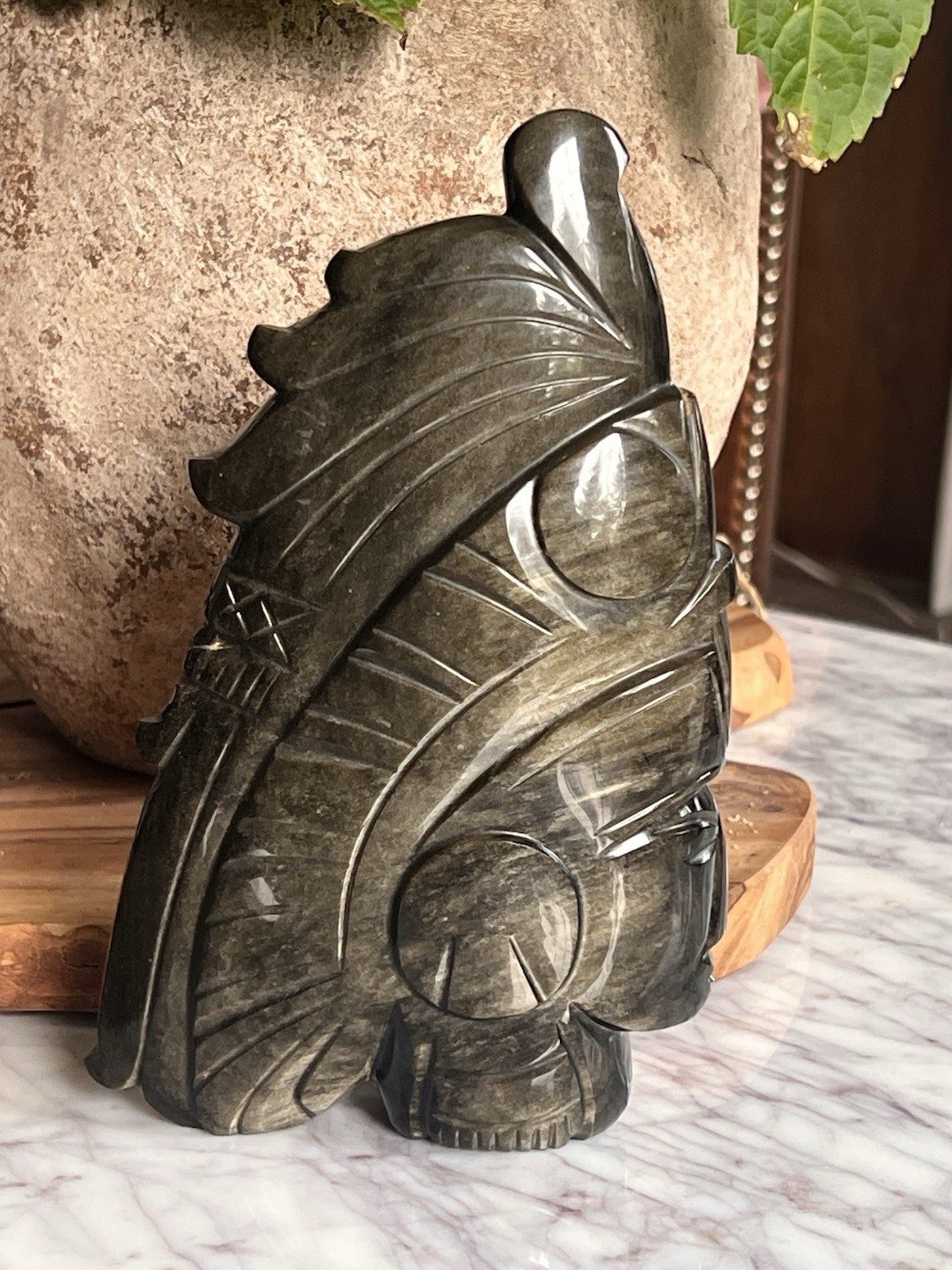 Aztec Mayan Black Gold/Green Sheen Natural Obsidian Stone Carved Figure Statue Aztec Mayan Black Gold/Green Sheen Natural Obsidian Stone Carved Figure Statue