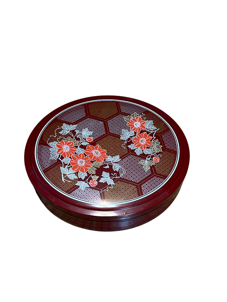 Vintage Japanese Red Lacquerware Floral Hexagon Pattern Round Lidded Box 11.5 in