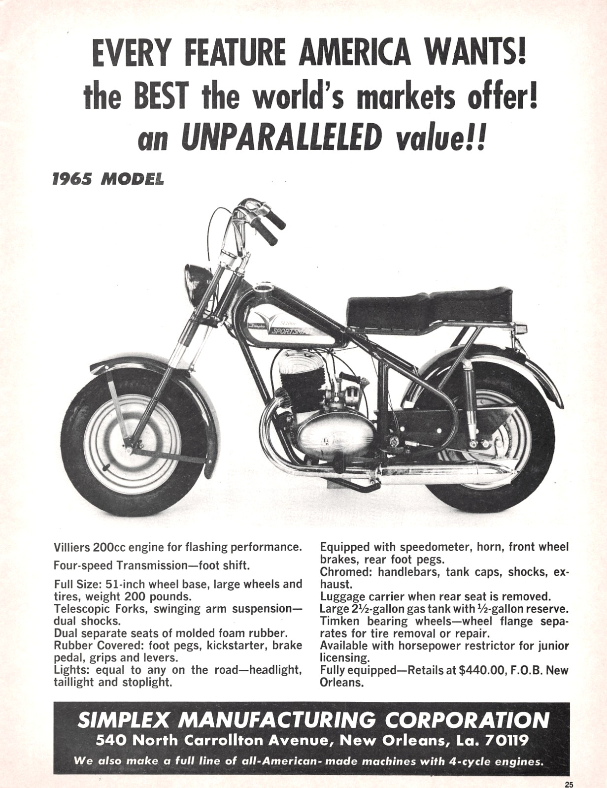 Simplex Sportsman Villiers 200cc Motorcycle Minibike 1965 Model Vtg Mag Print Ad