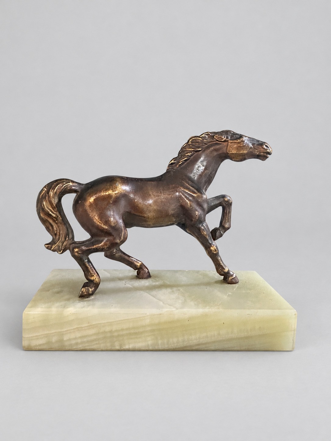 Vintage Bronze Tone Metal Prancing Horse Figurine Green Onyx Base Equestrian 6\