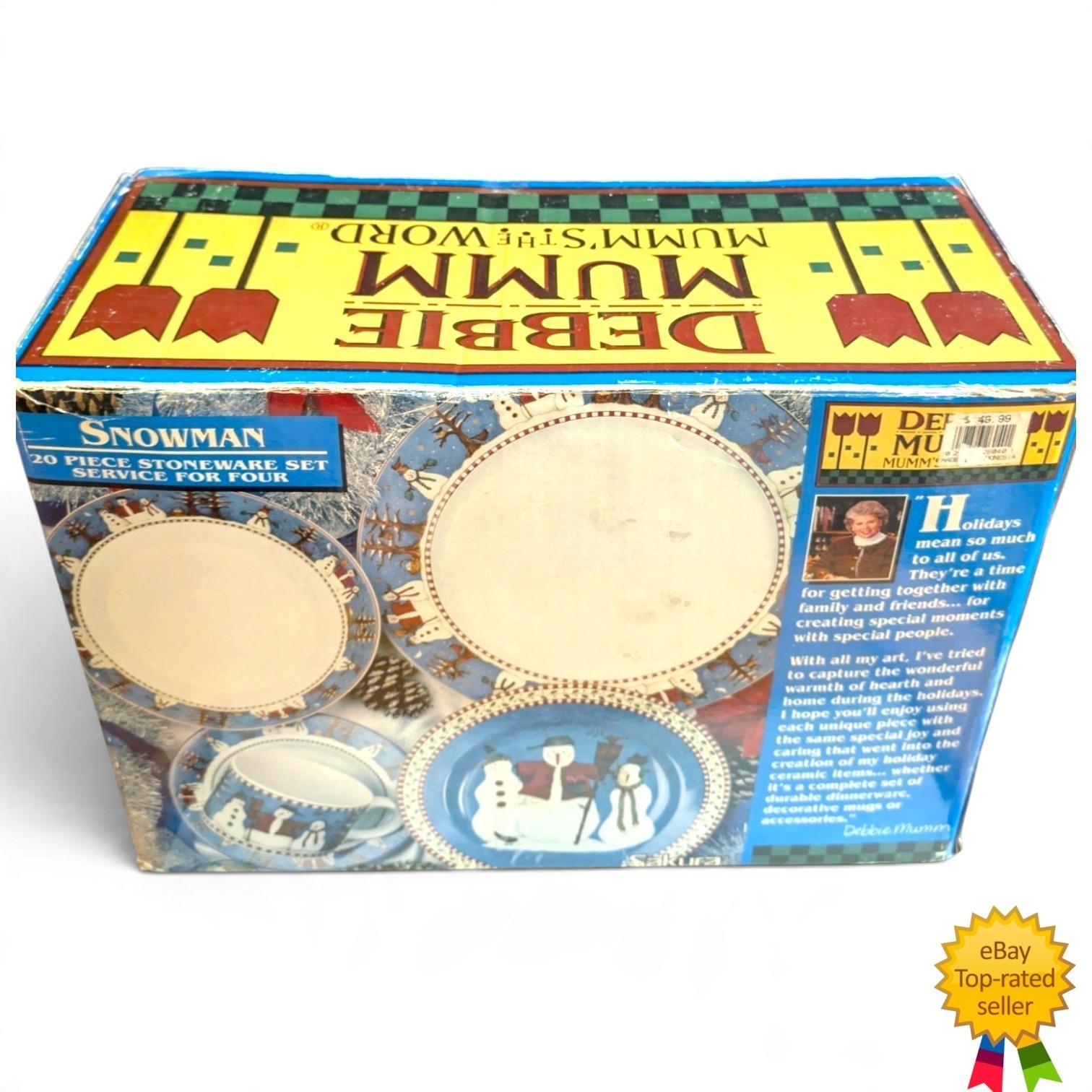 Vintage Debbie Mumm Snowman Sakura Stoneware 20 Pc Dinnerware Set - New Open Box