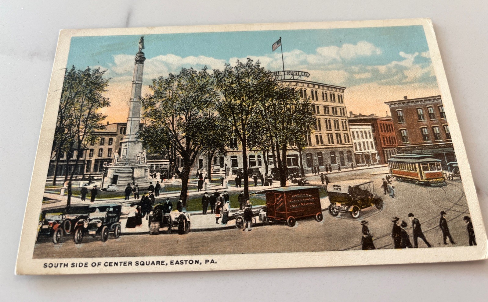 Pennsylvania PA Easton Center Square Postcard 1927 Vintage Cars Trolly People WB